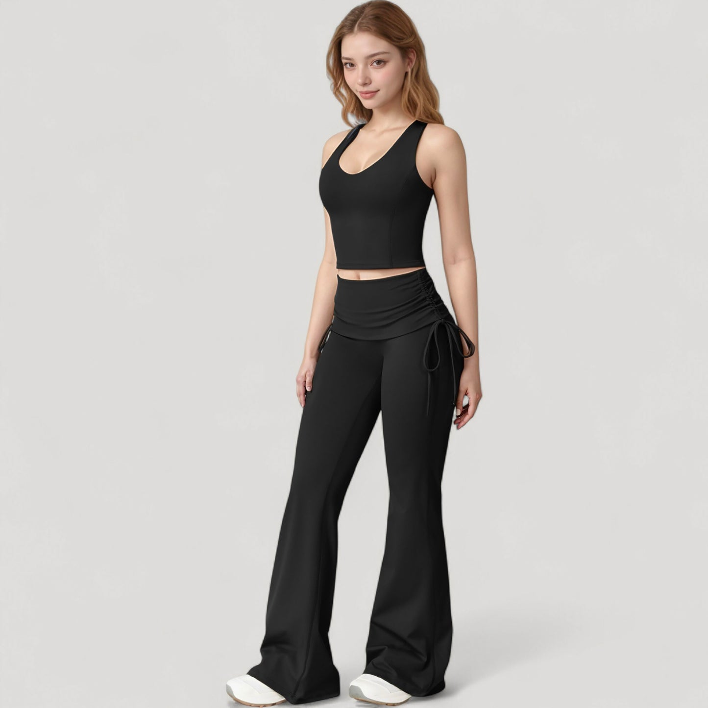 Drawstring Ruched Waist Flared Leg Pants Stretch Fabric Active Yoga Lounge Bottoms