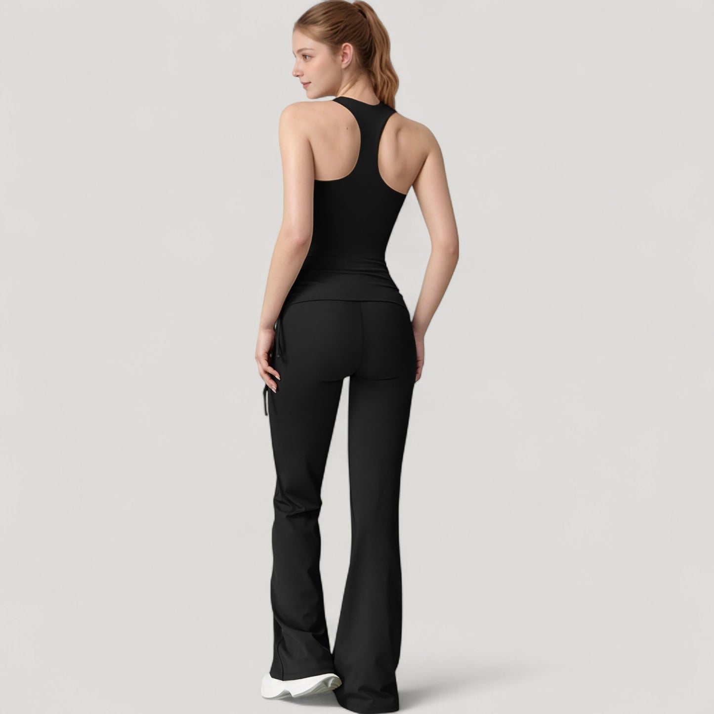 Drawstring Ruched Waist Flared Leg Pants Stretch Fabric Active Yoga Lounge Bottoms