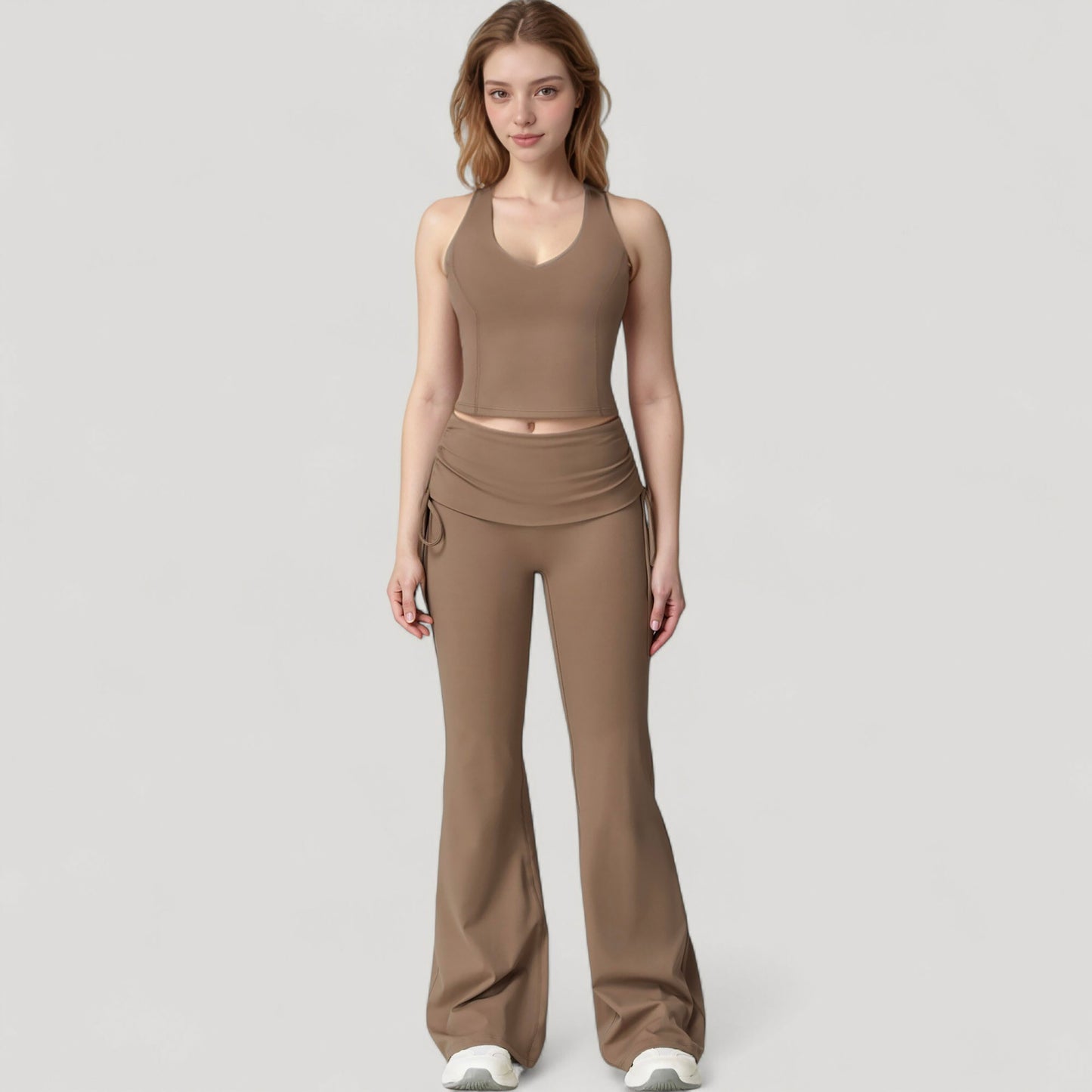 Drawstring Ruched Waist Flared Leg Pants Stretch Fabric Active Yoga Lounge Bottoms