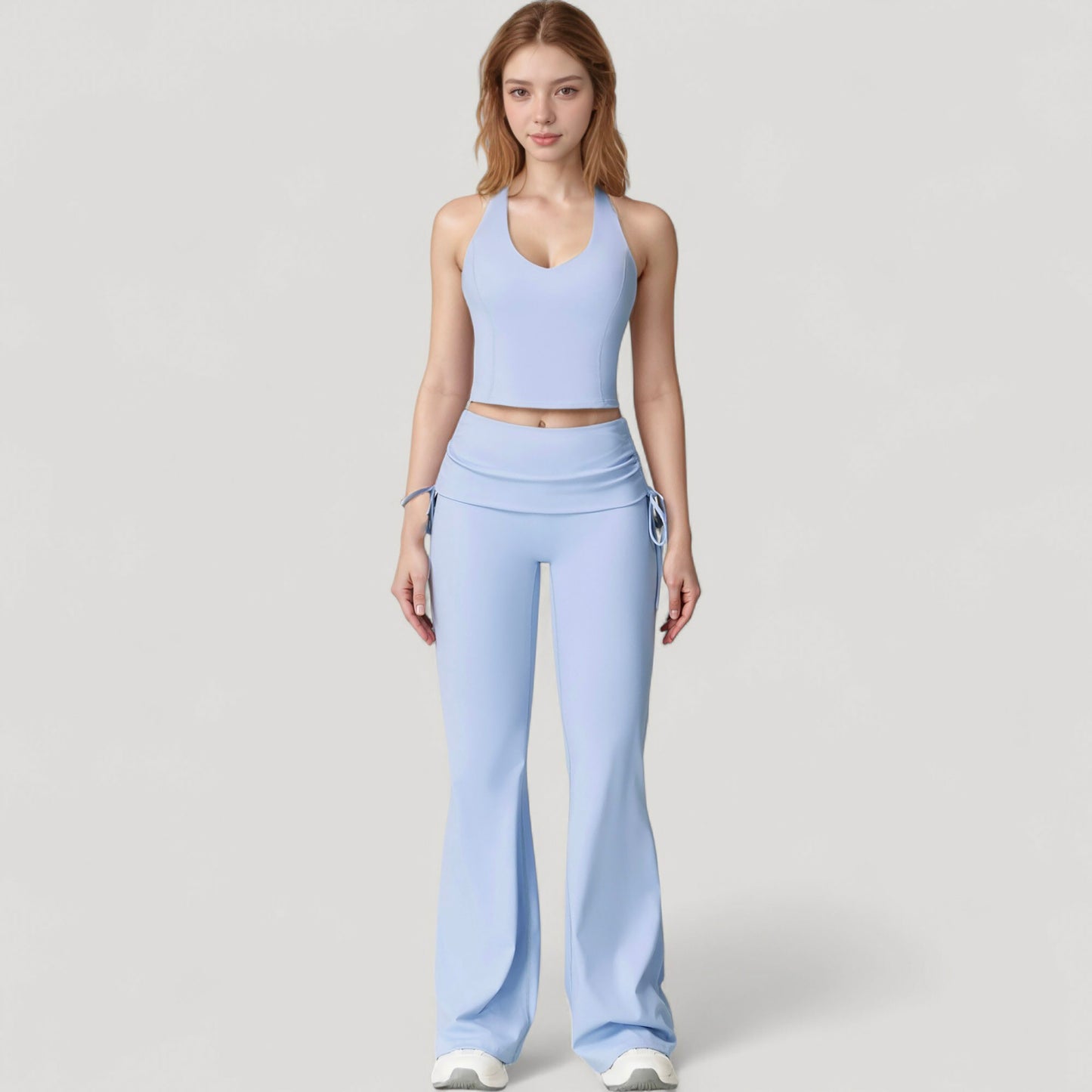 Drawstring Ruched Waist Flared Leg Pants Stretch Fabric Active Yoga Lounge Bottoms