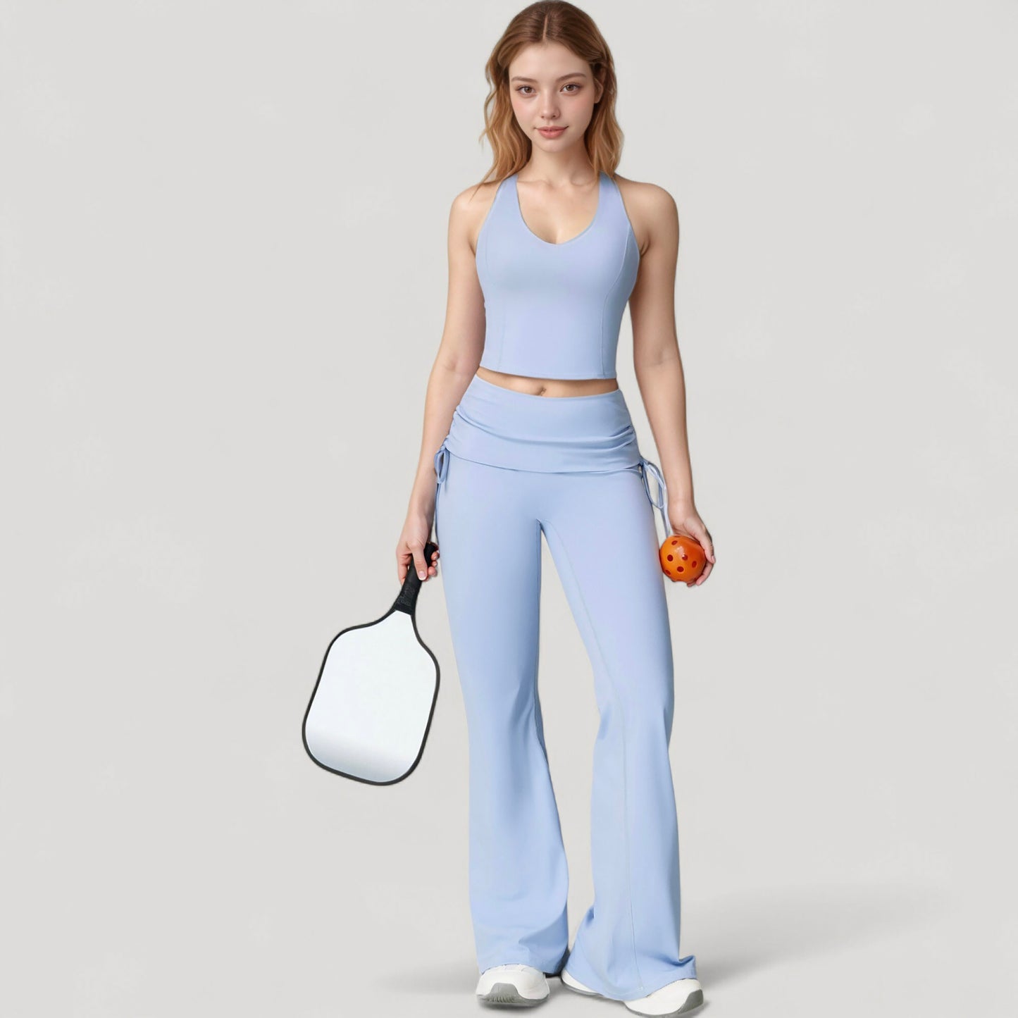 Drawstring Ruched Waist Flared Leg Pants Stretch Fabric Active Yoga Lounge Bottoms