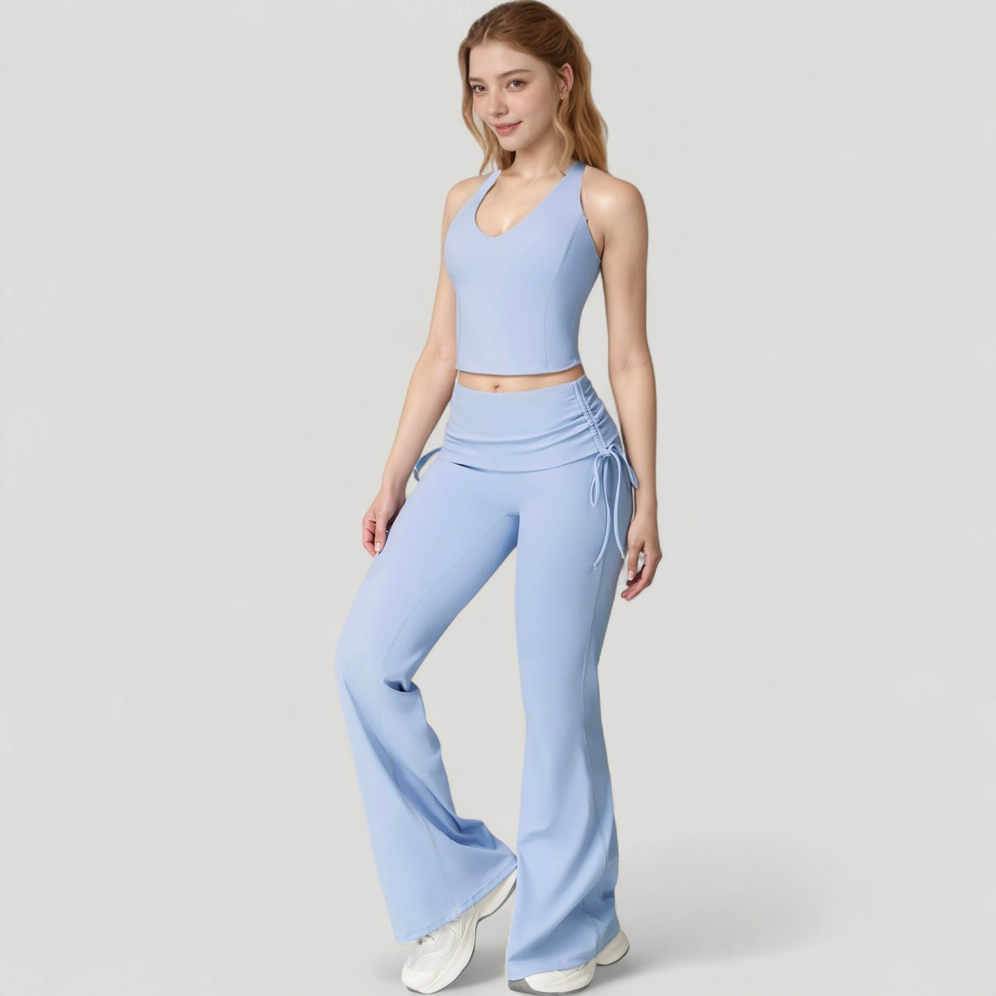 Drawstring Ruched Waist Flared Leg Pants Stretch Fabric Active Yoga Lounge Bottoms