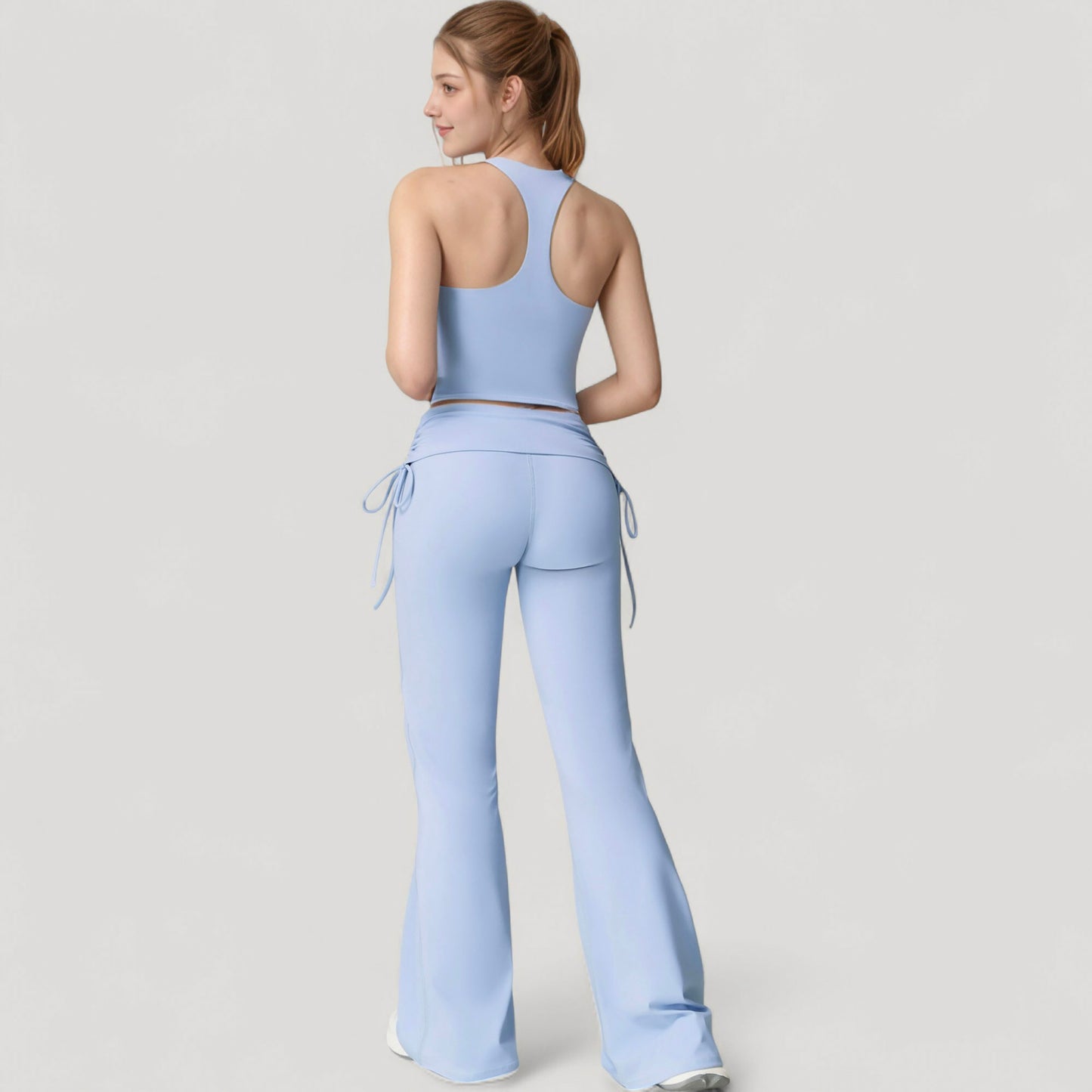 Drawstring Ruched Waist Flared Leg Pants Stretch Fabric Active Yoga Lounge Bottoms