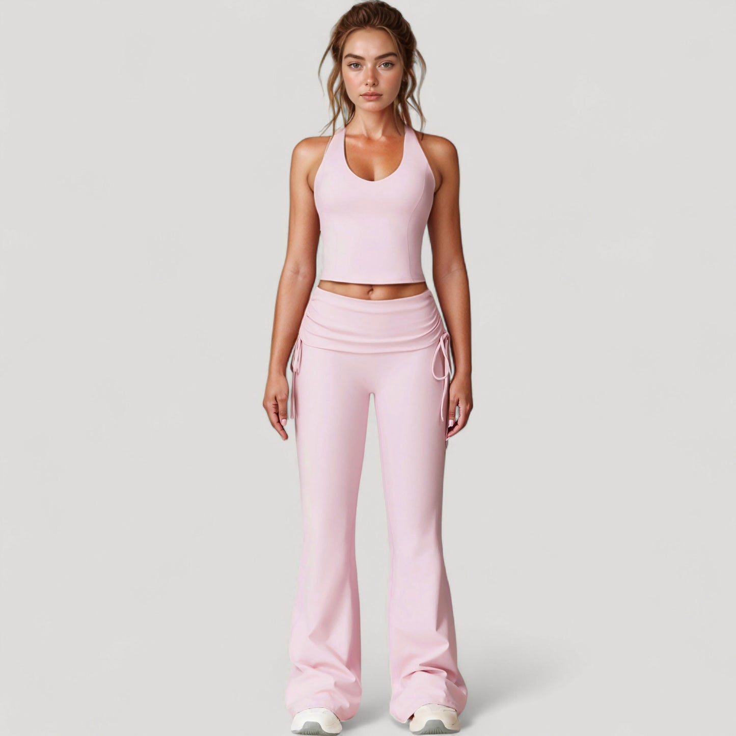 Drawstring Ruched Waist Flared Leg Pants Stretch Fabric Active Yoga Lounge Bottoms