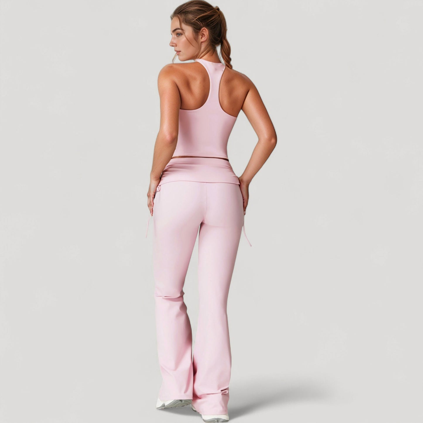 Drawstring Ruched Waist Flared Leg Pants Stretch Fabric Active Yoga Lounge Bottoms