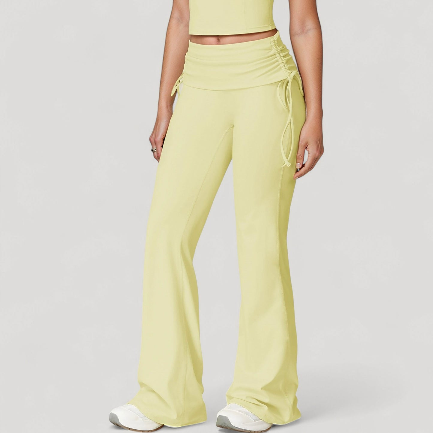 Drawstring Ruched Waist Flared Leg Pants Stretch Fabric Active Yoga Lounge Bottoms