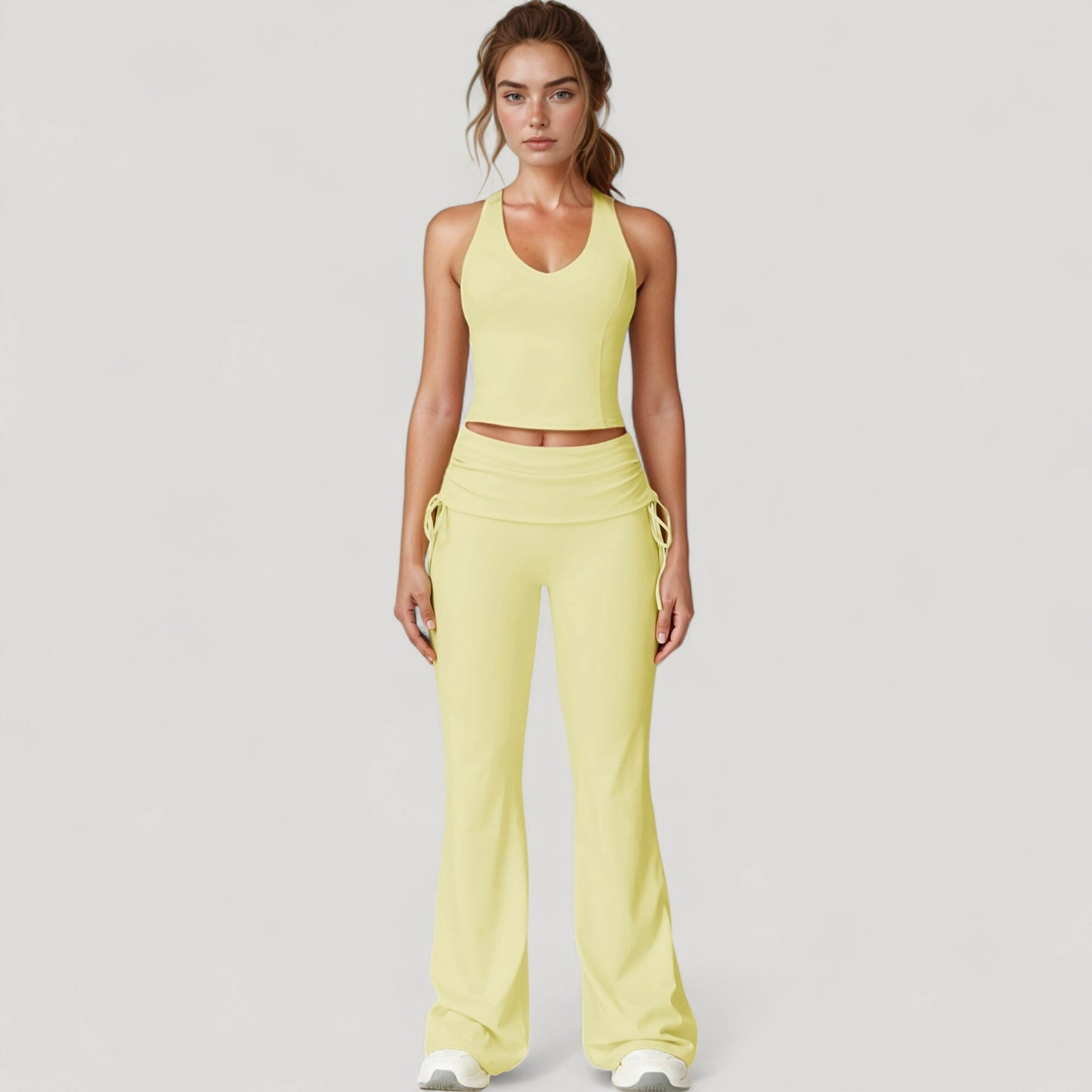Drawstring Ruched Waist Flared Leg Pants Stretch Fabric Active Yoga Lounge Bottoms
