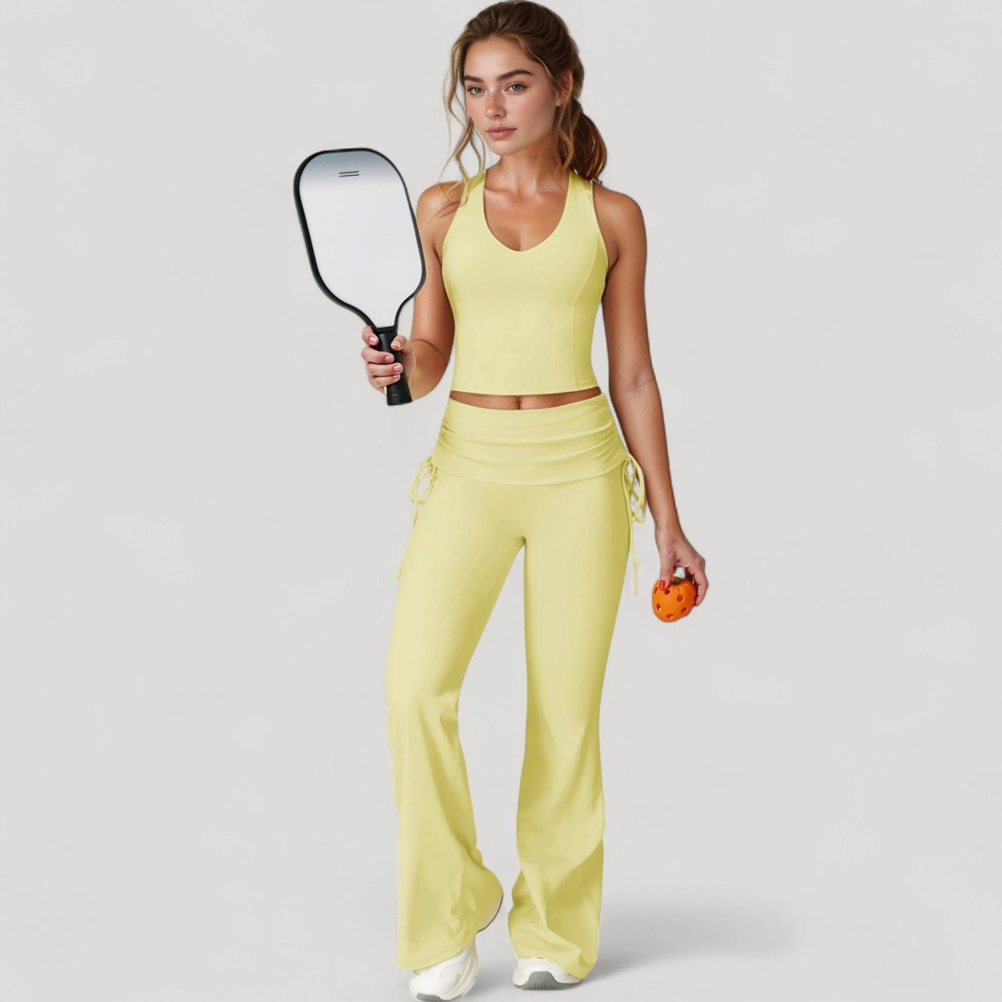 Drawstring Ruched Waist Flared Leg Pants Stretch Fabric Active Yoga Lounge Bottoms