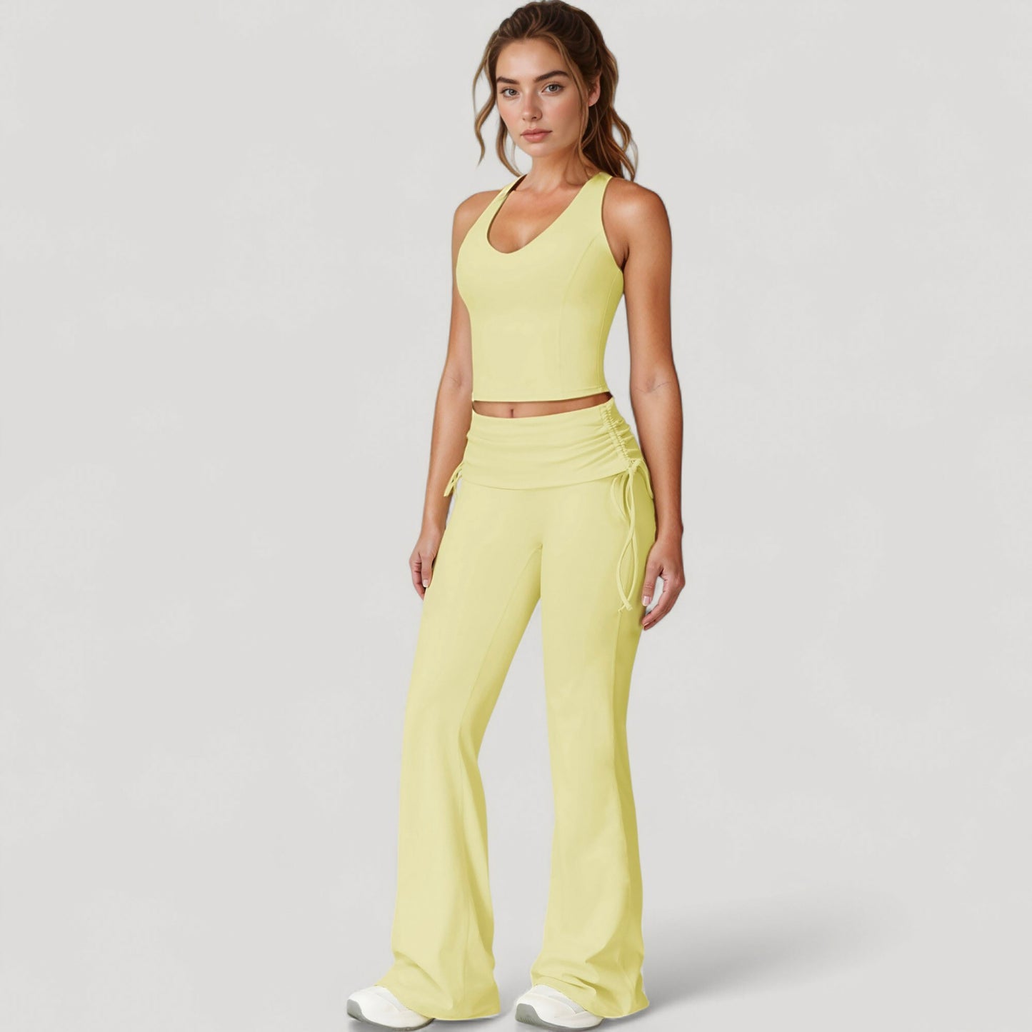 Drawstring Ruched Waist Flared Leg Pants Stretch Fabric Active Yoga Lounge Bottoms