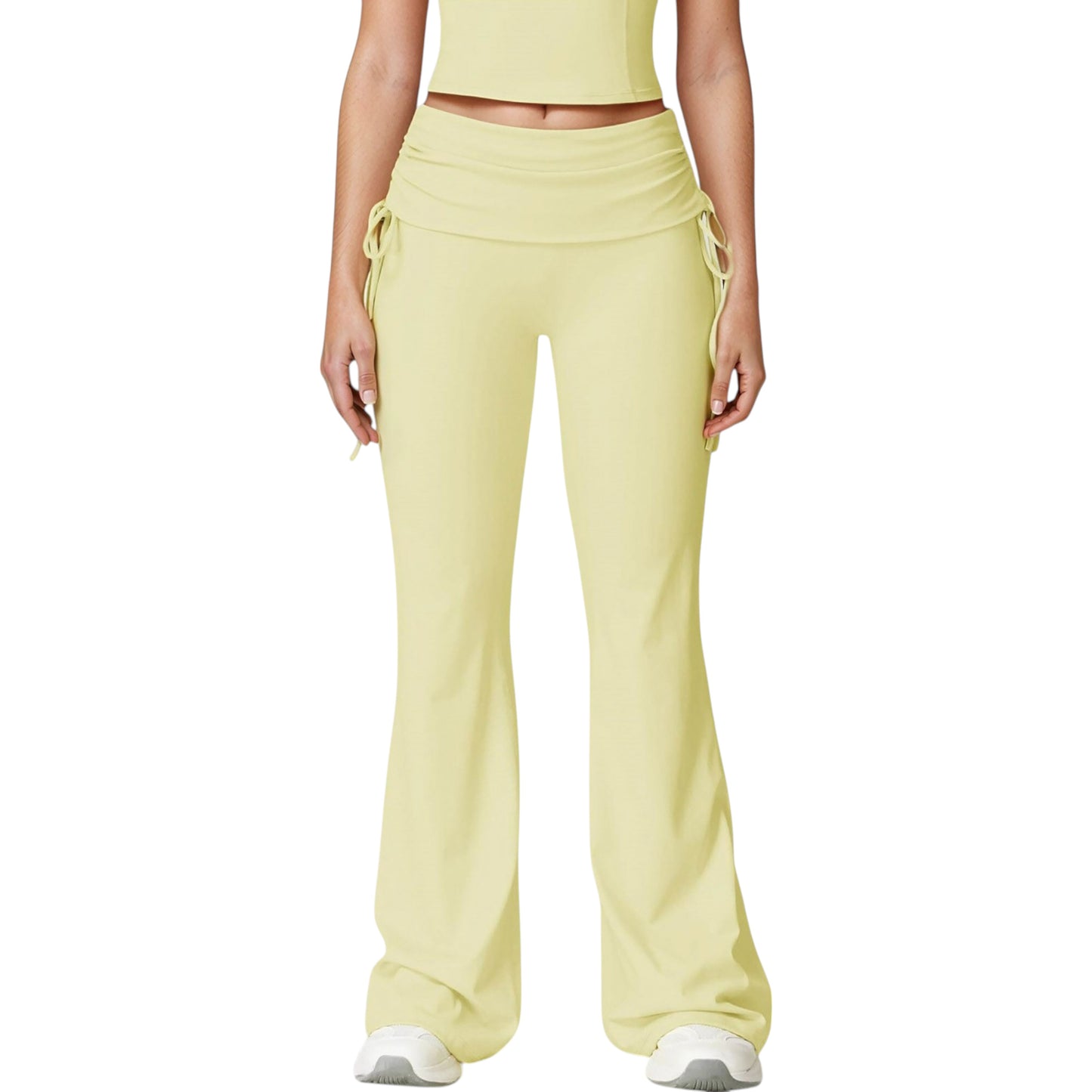 Drawstring Ruched Waist Flared Leg Pants Stretch Fabric Active Yoga Lounge Bottoms