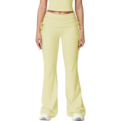 Drawstring Ruched Waist Flared Leg Pants Stretch Fabric Active Yoga Lounge Bottoms