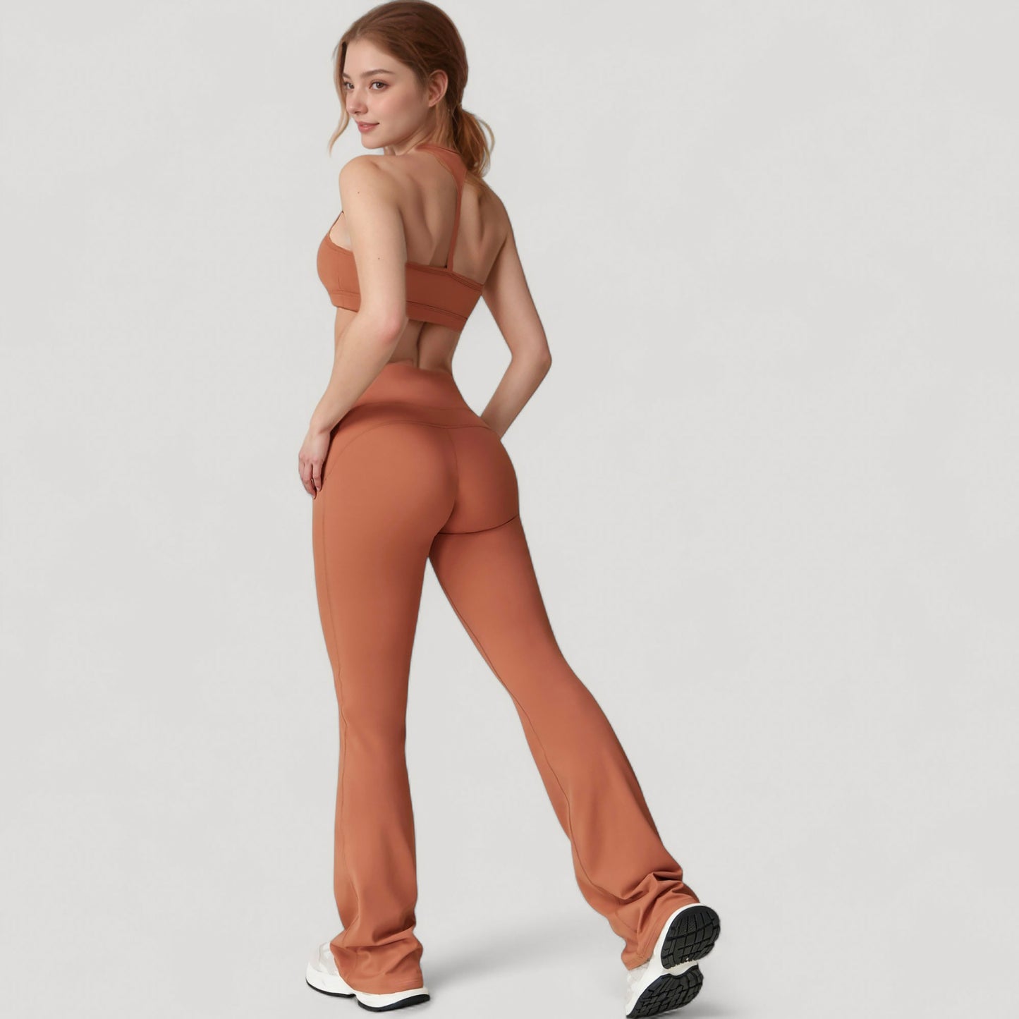 High Waist Flared Leg Stretch Pants Smooth Fabric Seamless Waistband Active Lounge Bottoms