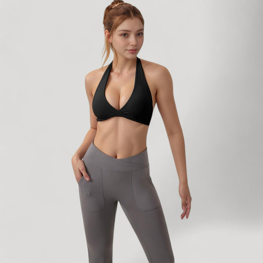 Halter Neck Sports Bra with Ruched Front Detail Low Impact Stretch Fabric Removable Padding