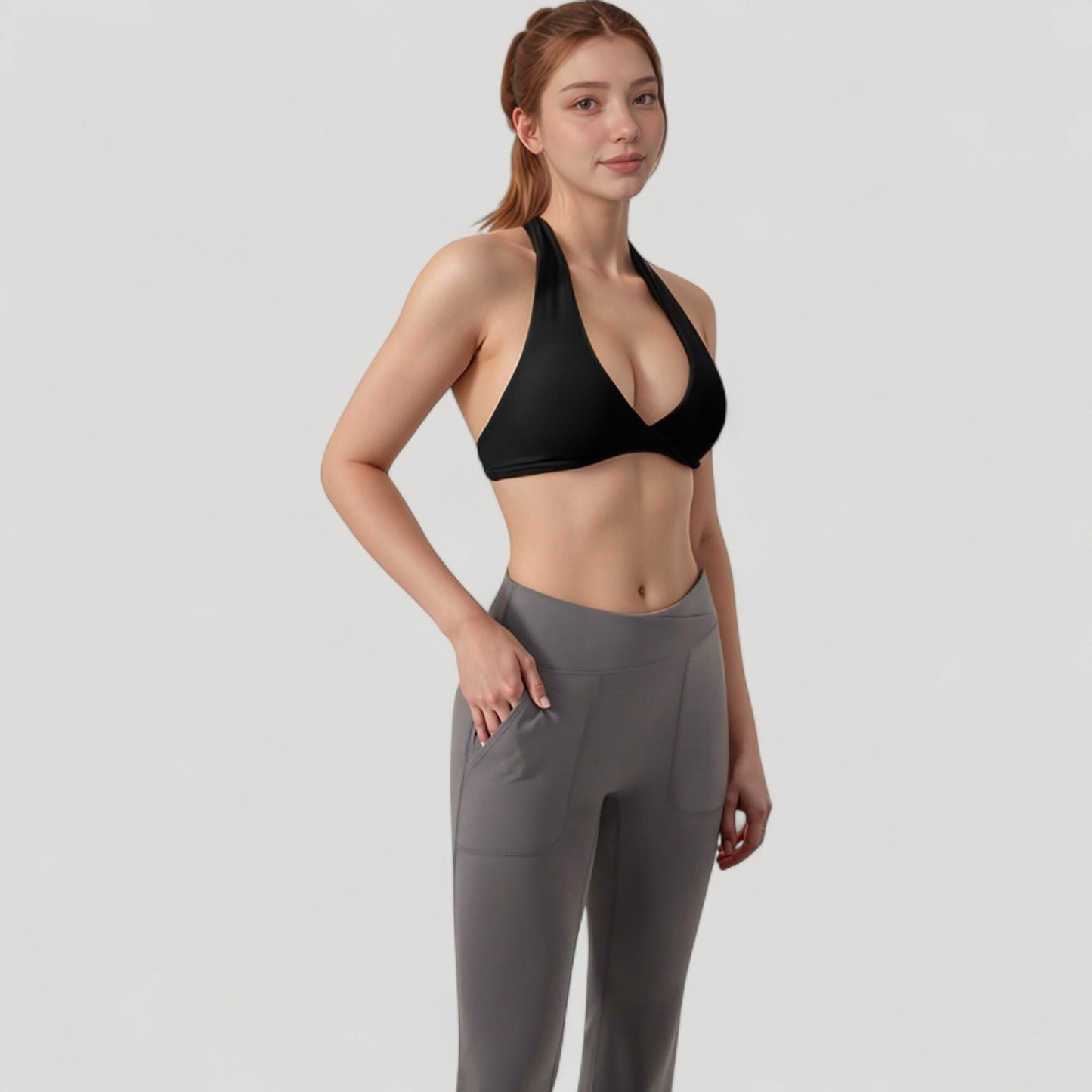 Halter Neck Sports Bra with Ruched Front Detail Low Impact Stretch Fabric Removable Padding