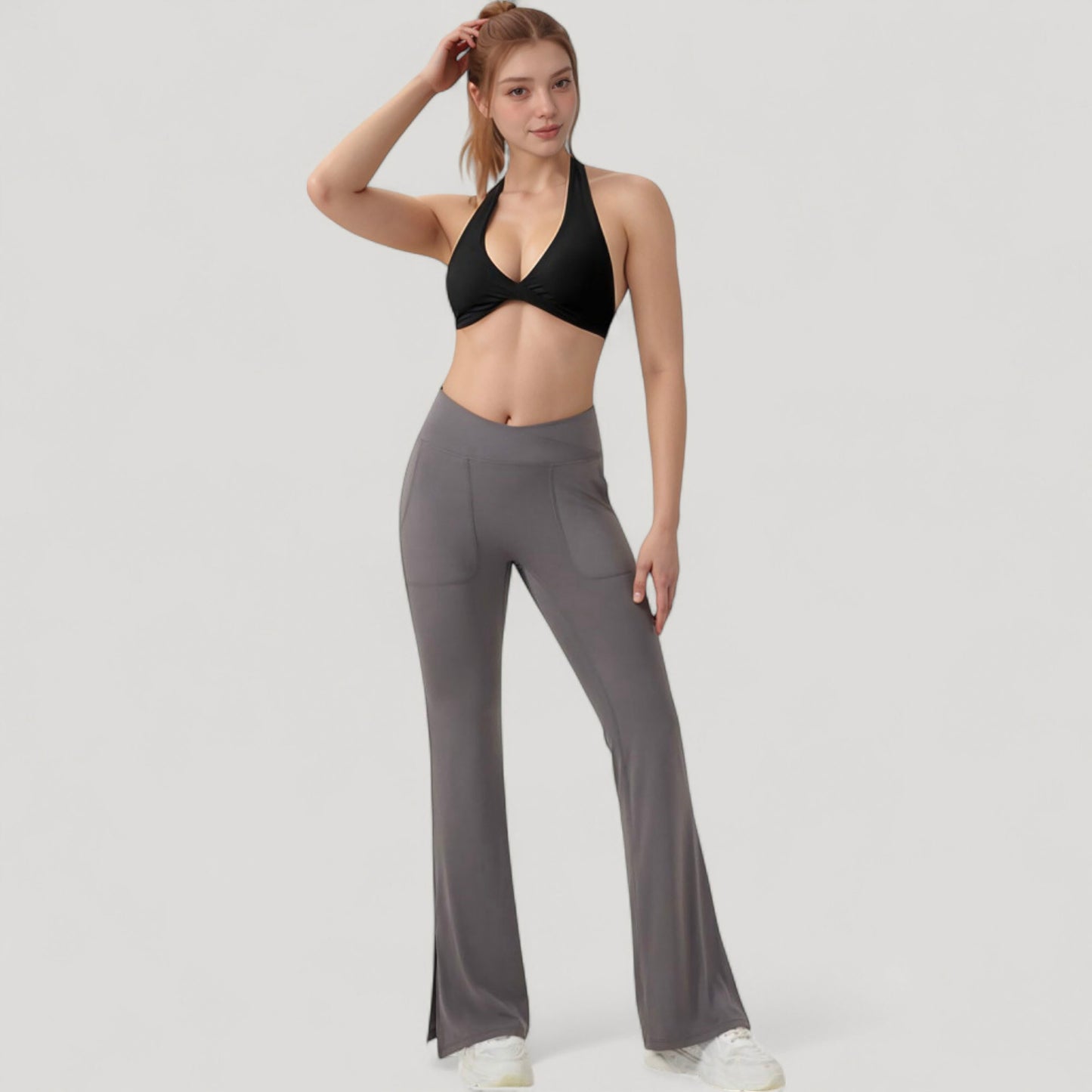 Halter Neck Sports Bra with Ruched Front Detail Low Impact Stretch Fabric Removable Padding