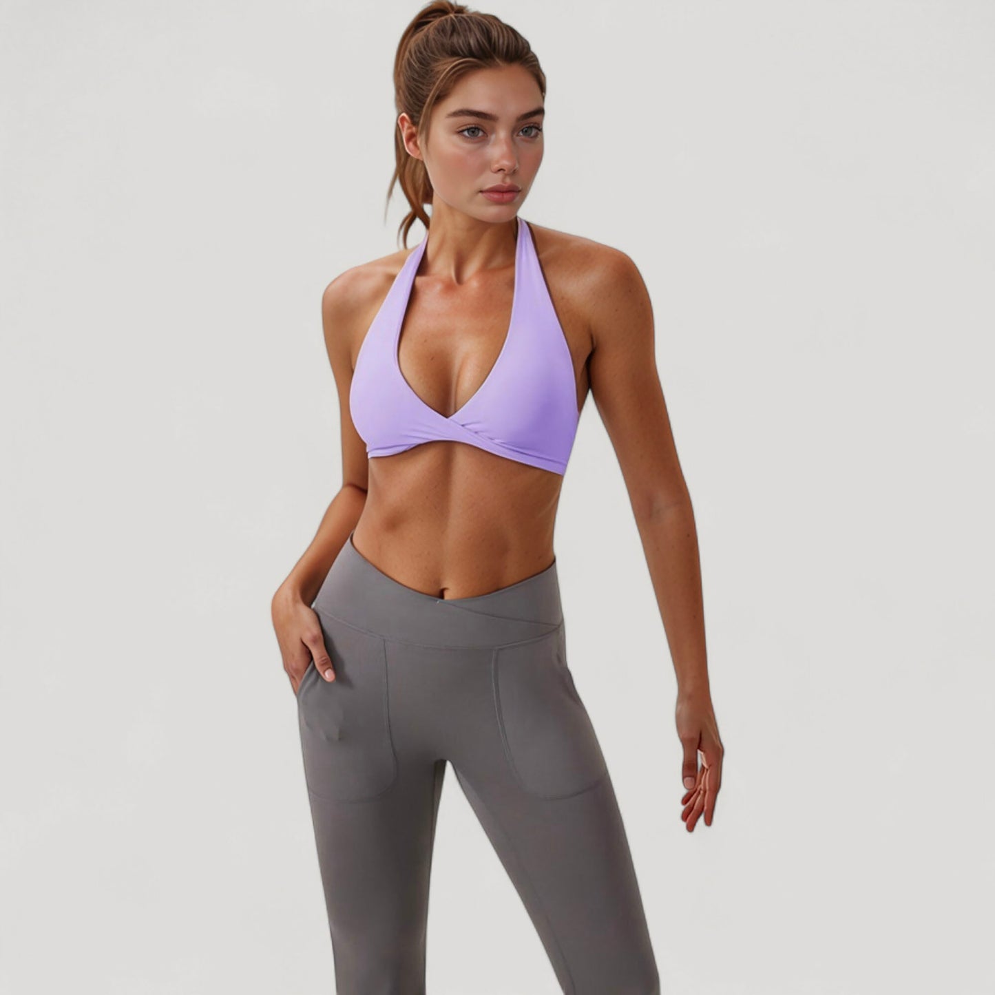 Halter Neck Sports Bra with Ruched Front Detail Low Impact Stretch Fabric Removable Padding