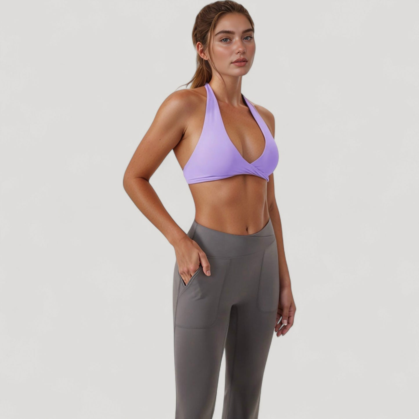 Halter Neck Sports Bra with Ruched Front Detail Low Impact Stretch Fabric Removable Padding