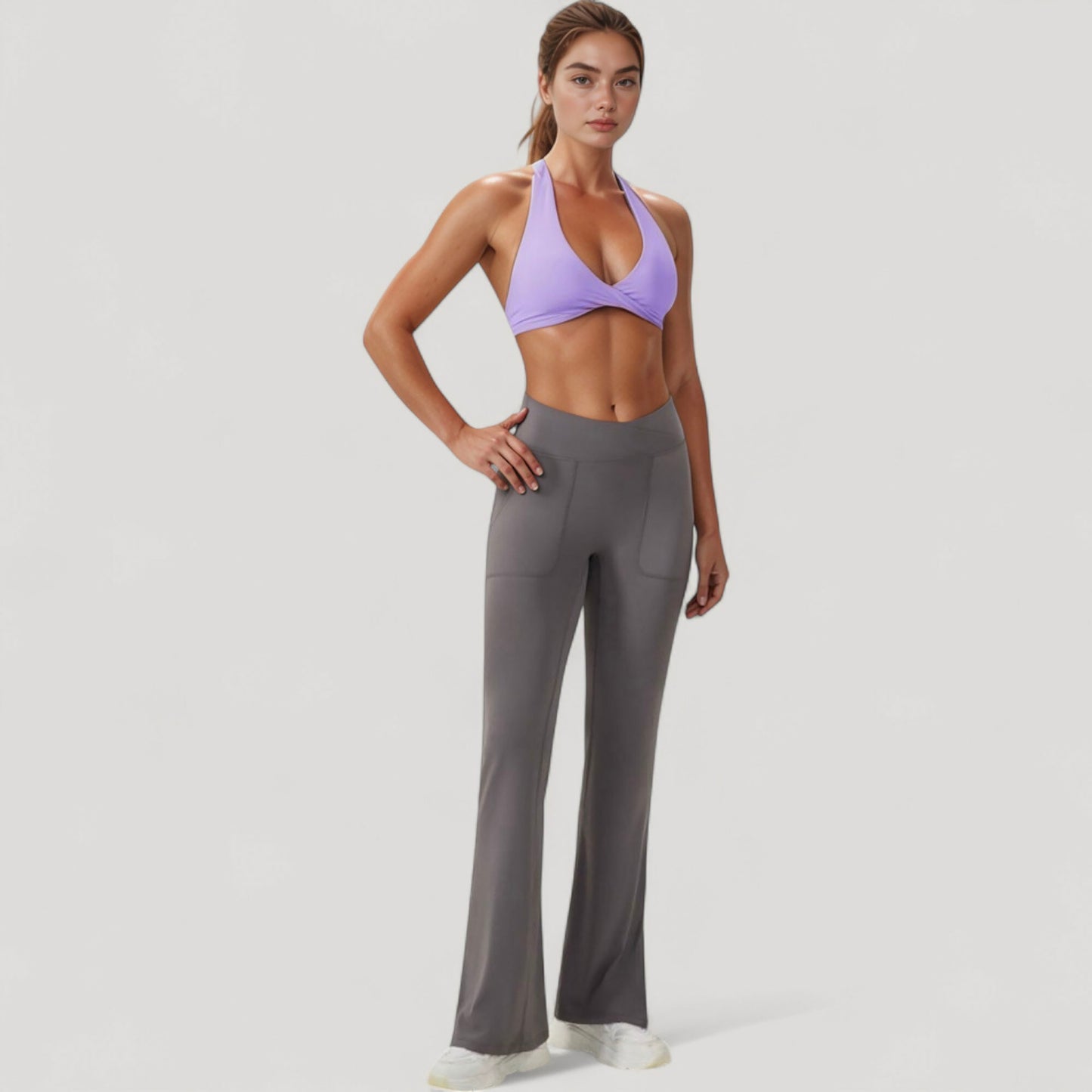 Halter Neck Sports Bra with Ruched Front Detail Low Impact Stretch Fabric Removable Padding