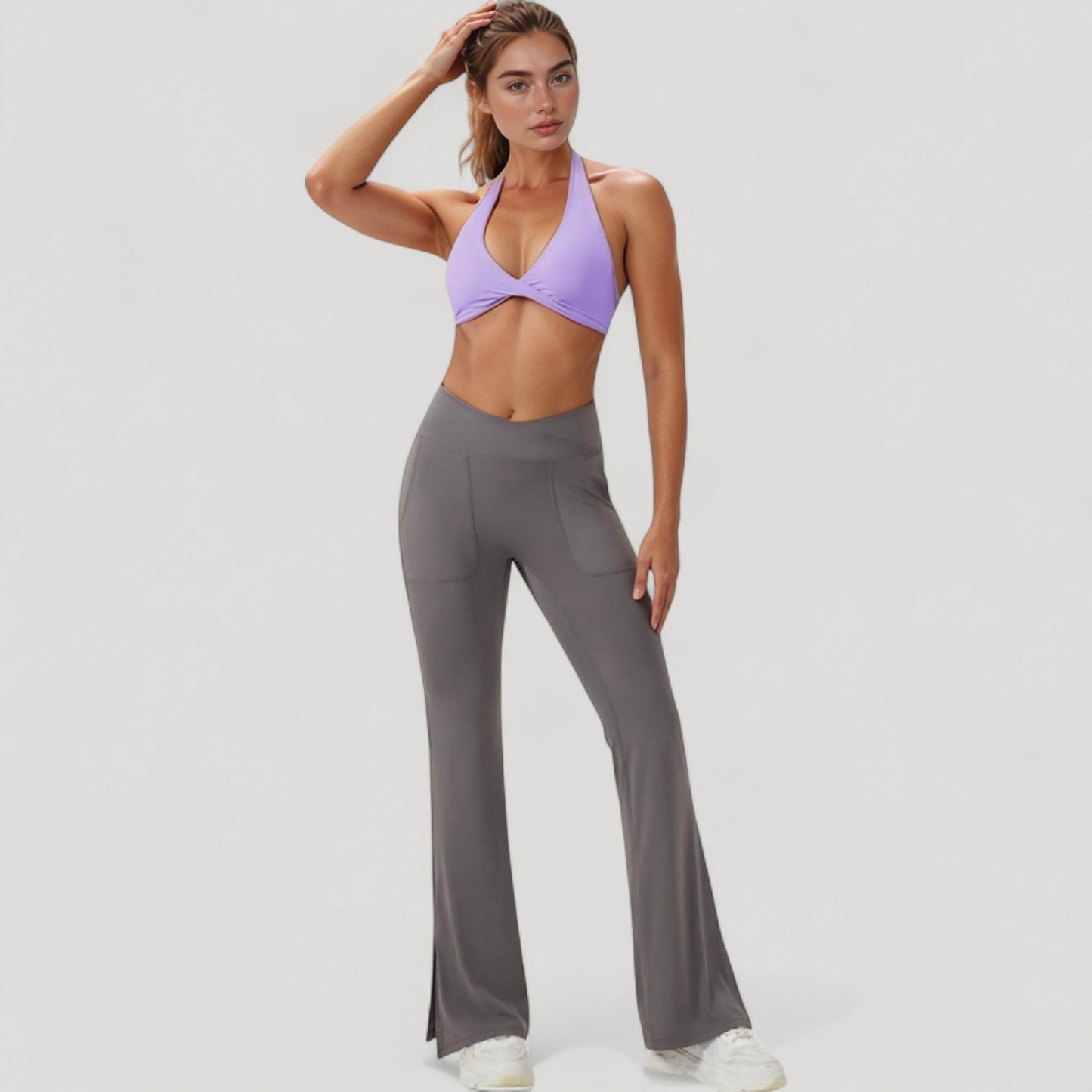 Halter Neck Sports Bra with Ruched Front Detail Low Impact Stretch Fabric Removable Padding