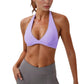 Halter Neck Sports Bra with Ruched Front Detail Low Impact Stretch Fabric Removable Padding