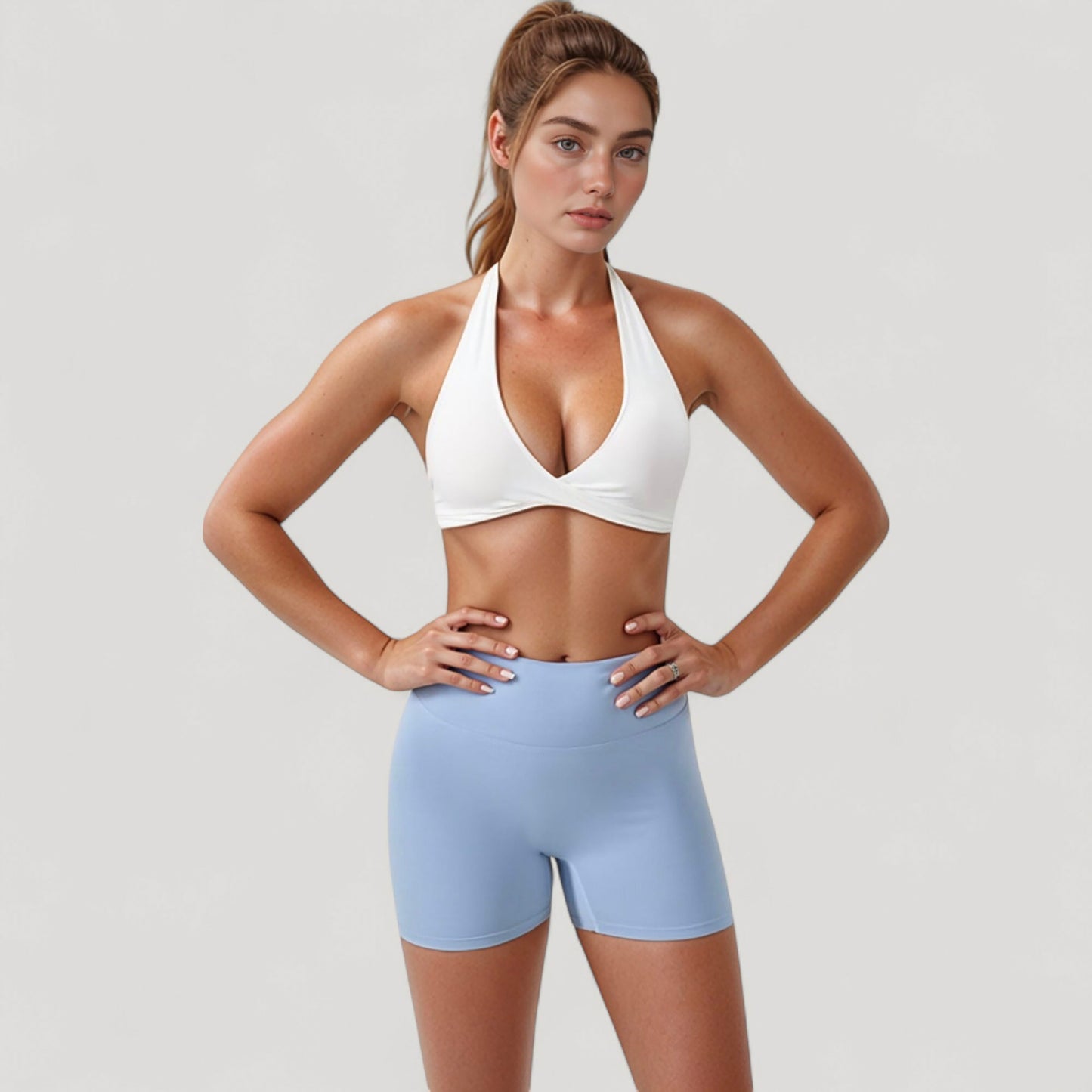 Halter Neck Sports Bra with Ruched Front Detail Low Impact Stretch Fabric Removable Padding