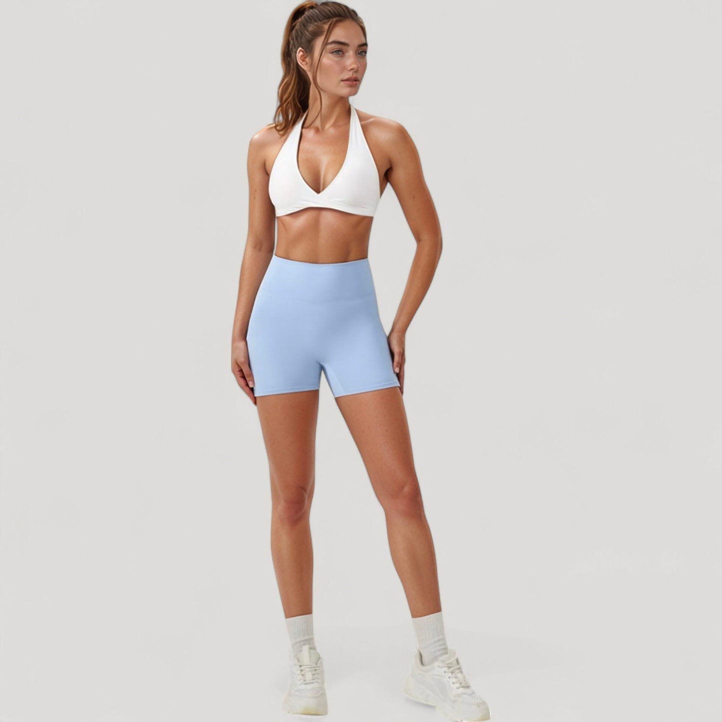 Halter Neck Sports Bra with Ruched Front Detail Low Impact Stretch Fabric Removable Padding