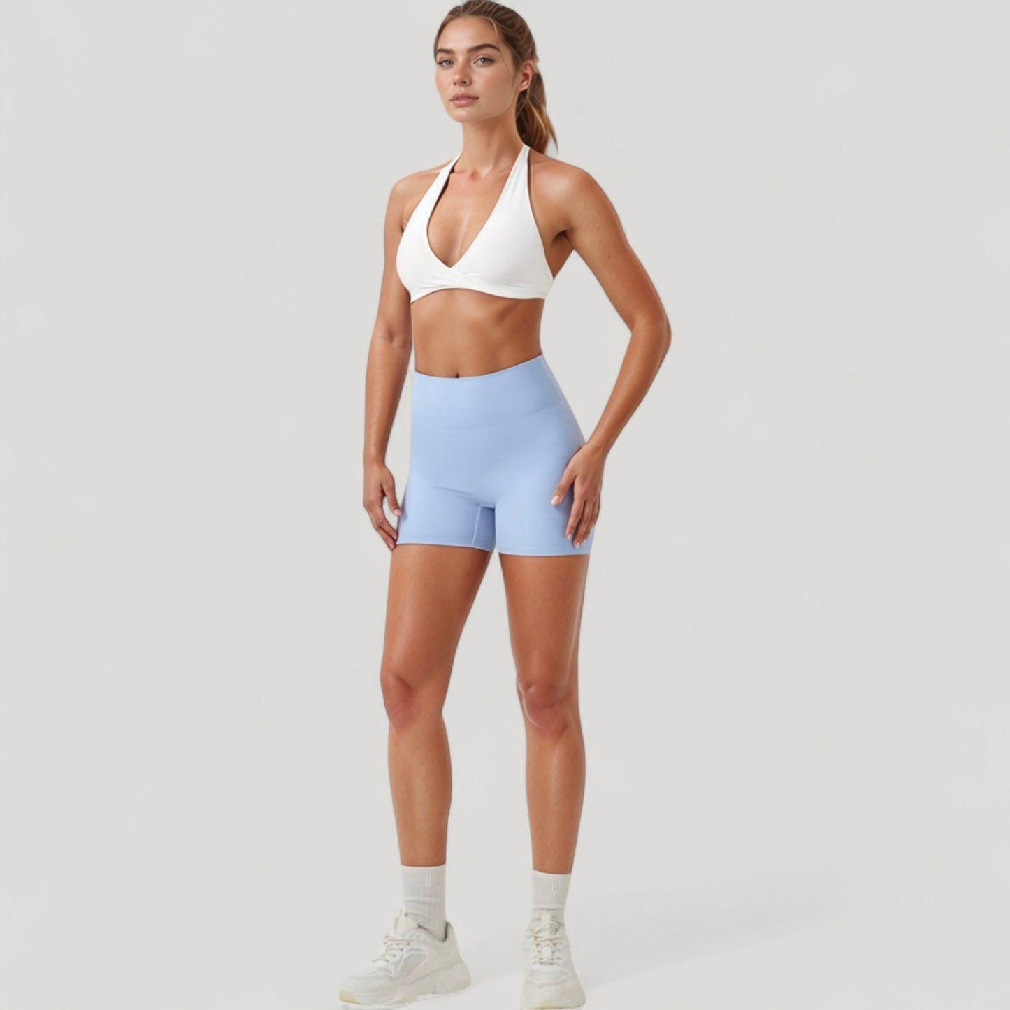 Halter Neck Sports Bra with Ruched Front Detail Low Impact Stretch Fabric Removable Padding