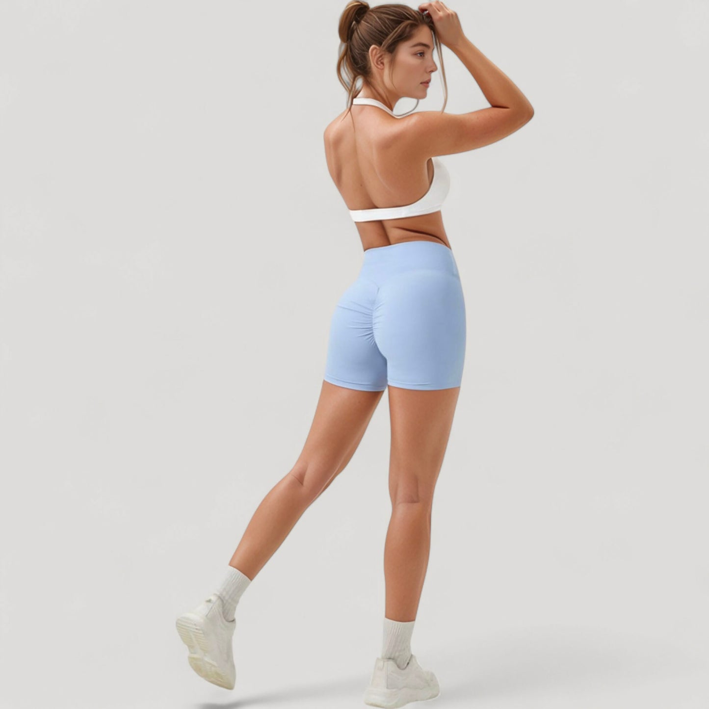 Halter Neck Sports Bra with Ruched Front Detail Low Impact Stretch Fabric Removable Padding