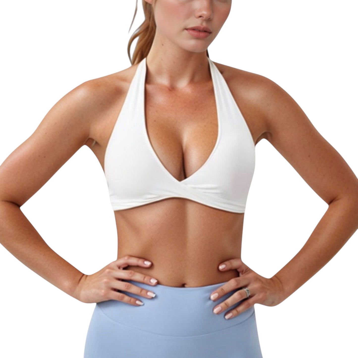 Halter Neck Sports Bra with Ruched Front Detail Low Impact Stretch Fabric Removable Padding