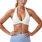 Halter Neck Sports Bra with Ruched Front Detail Low Impact Stretch Fabric Removable Padding