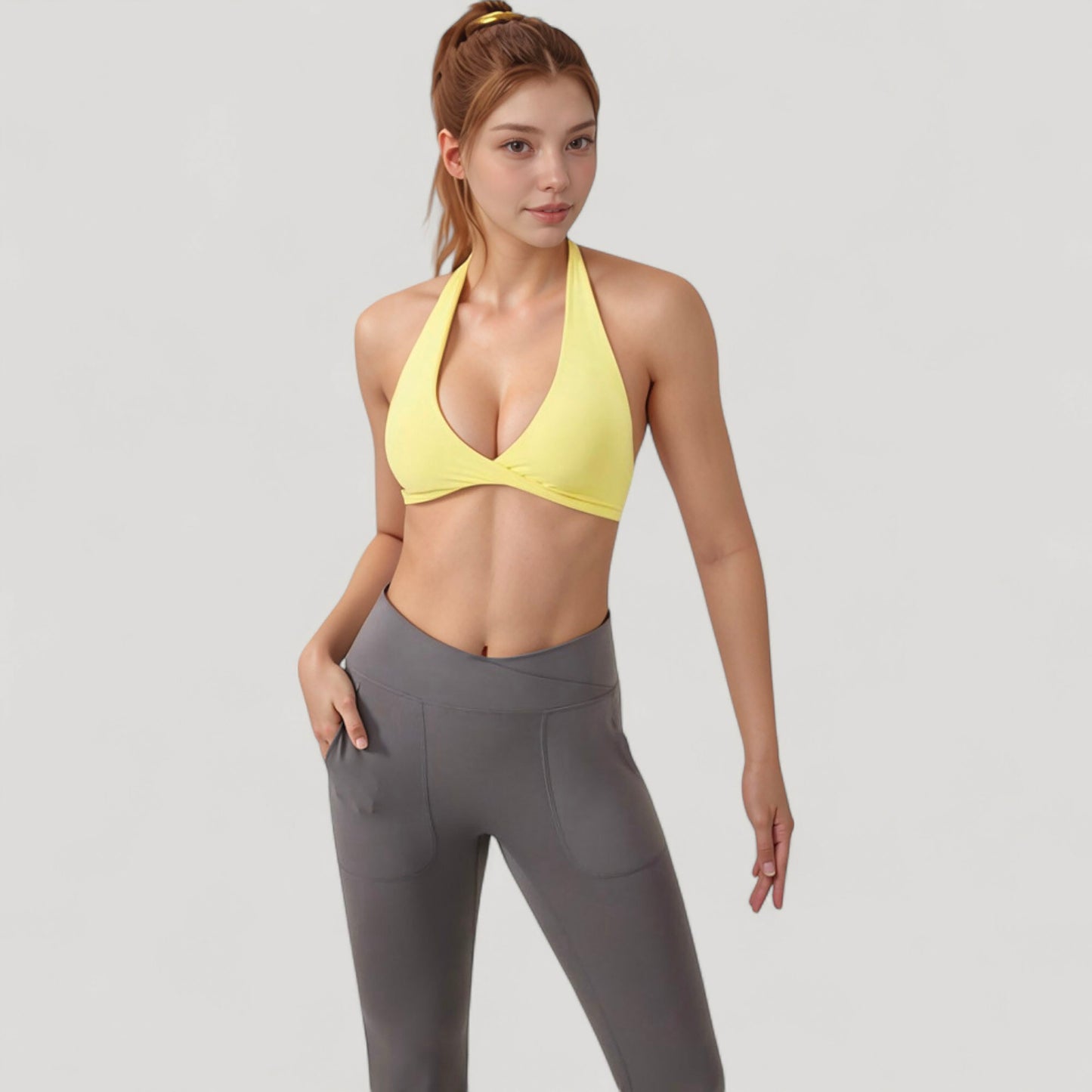 Halter Neck Sports Bra with Ruched Front Detail Low Impact Stretch Fabric Removable Padding