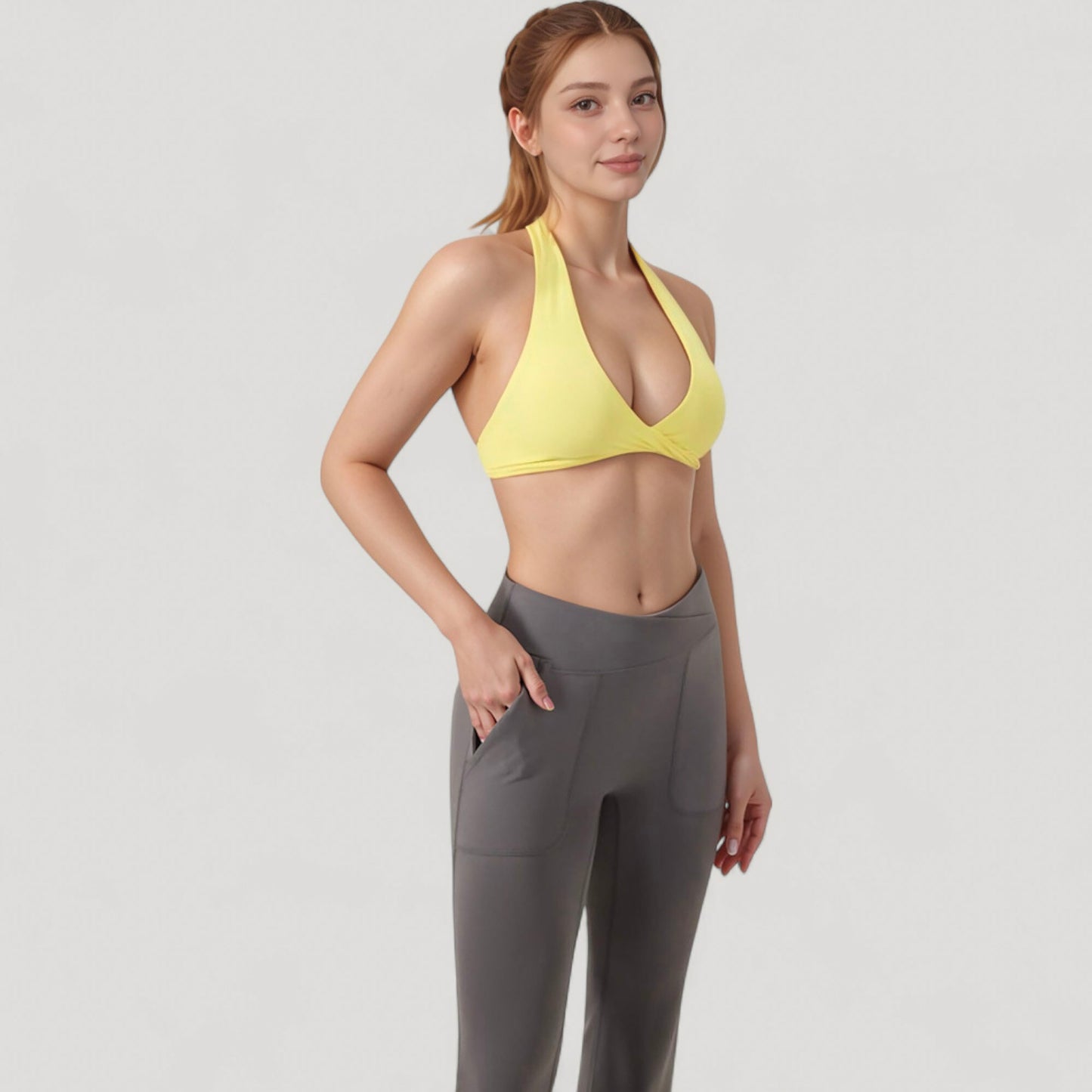 Halter Neck Sports Bra with Ruched Front Detail Low Impact Stretch Fabric Removable Padding