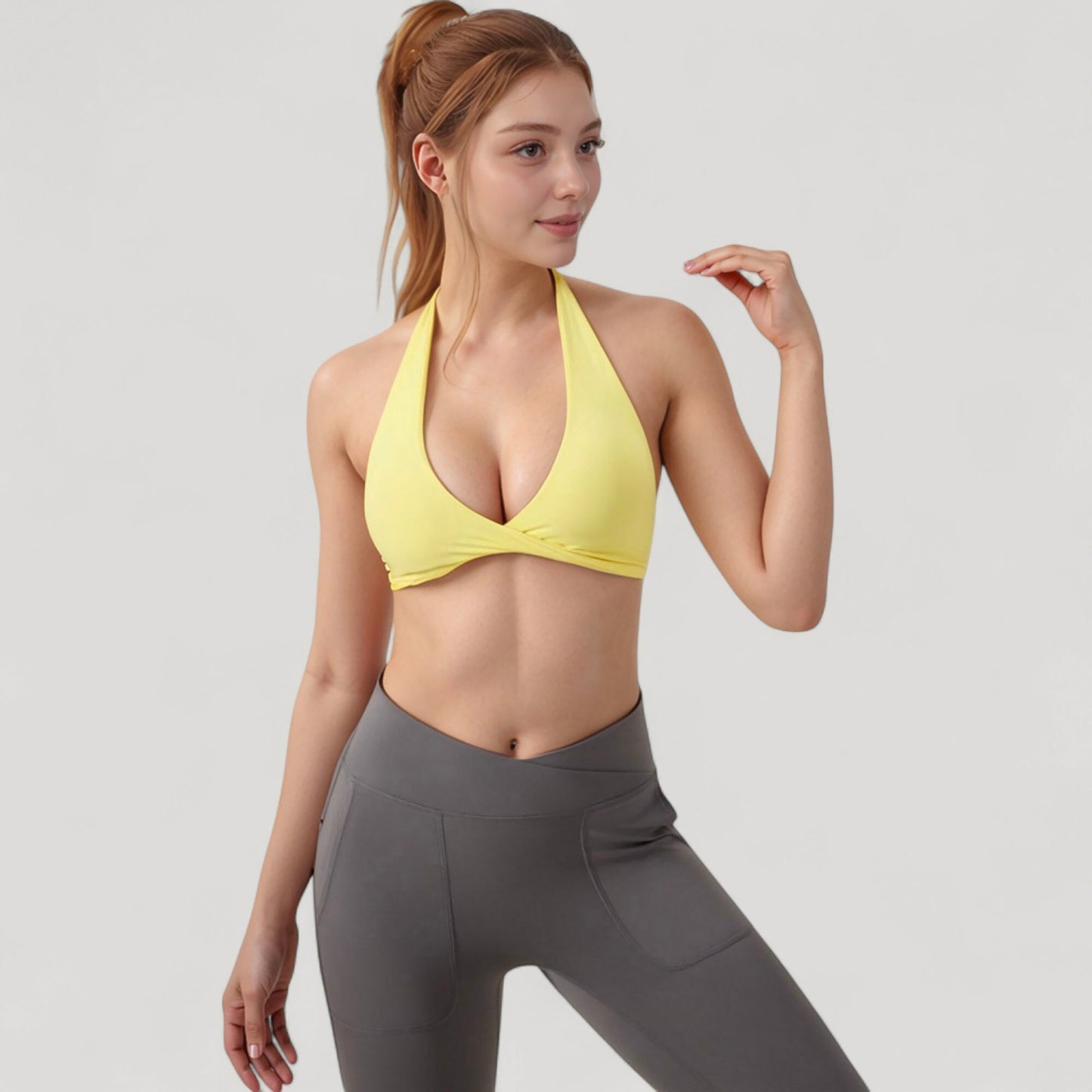 Halter Neck Sports Bra with Ruched Front Detail Low Impact Stretch Fabric Removable Padding