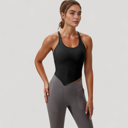Scoop Neck Racerback Tank Top with Handkerchief Hem and Built-In Shelf Bra for Low Impact Activity