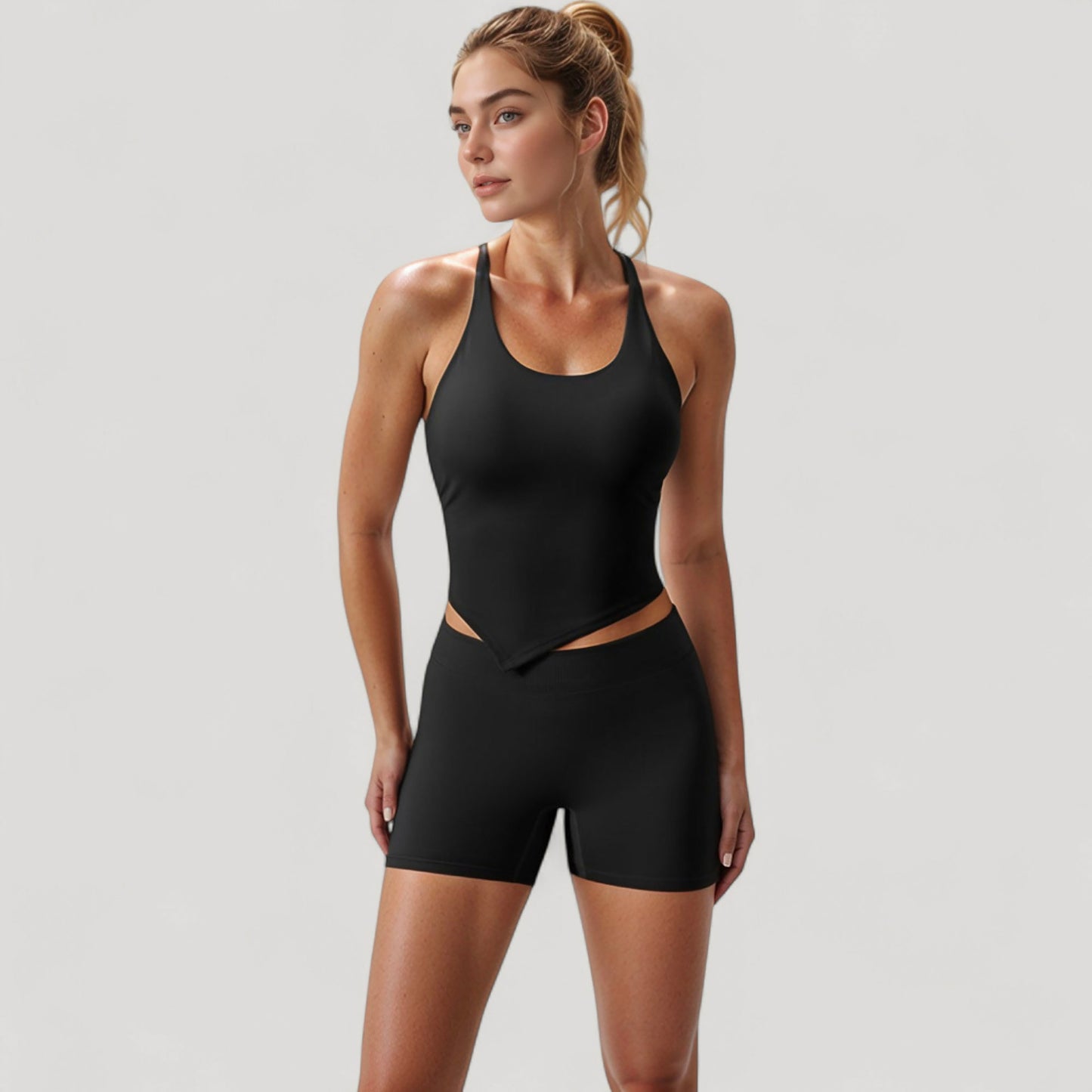 Scoop Neck Racerback Tank Top with Handkerchief Hem and Built-In Shelf Bra for Low Impact Activity