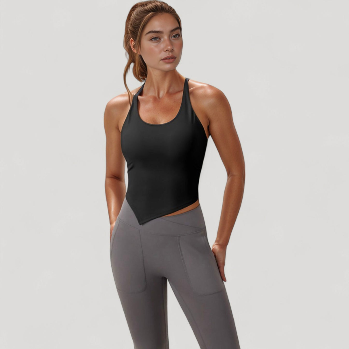 Scoop Neck Racerback Tank Top with Handkerchief Hem and Built-In Shelf Bra for Low Impact Activity