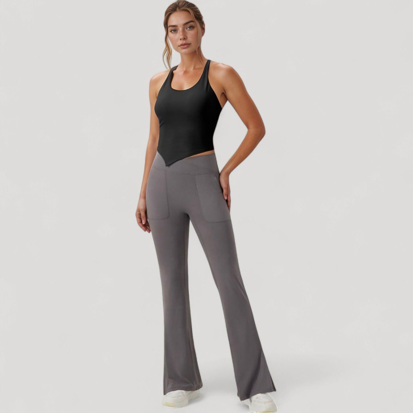 Scoop Neck Racerback Tank Top with Handkerchief Hem and Built-In Shelf Bra for Low Impact Activity