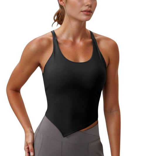 Scoop Neck Racerback Tank Top with Handkerchief Hem and Built-In Shelf Bra for Low Impact Activity