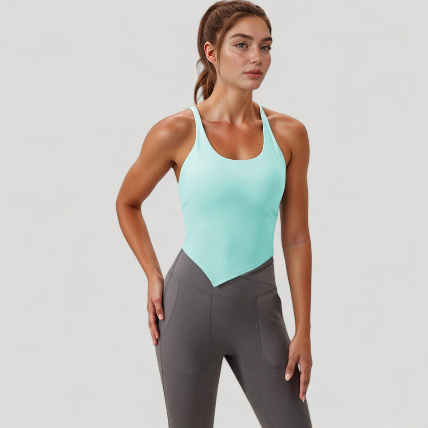 Scoop Neck Racerback Tank Top with Handkerchief Hem and Built-In Shelf Bra for Low Impact Activity