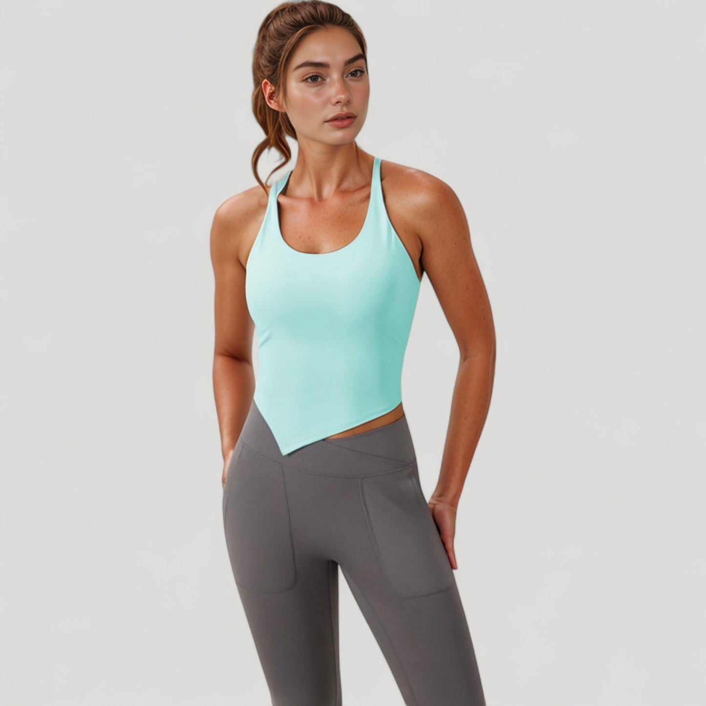 Scoop Neck Racerback Tank Top with Handkerchief Hem and Built-In Shelf Bra for Low Impact Activity