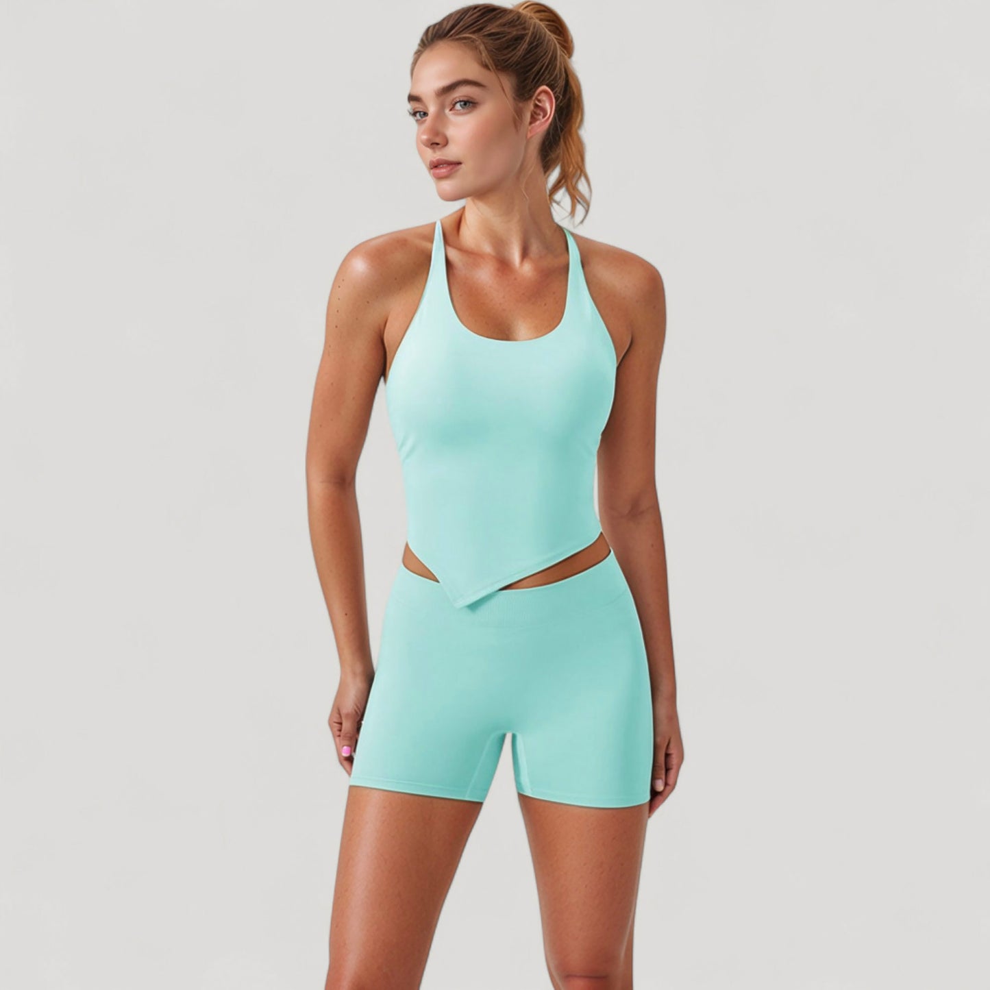 Scoop Neck Racerback Tank Top with Handkerchief Hem and Built-In Shelf Bra for Low Impact Activity