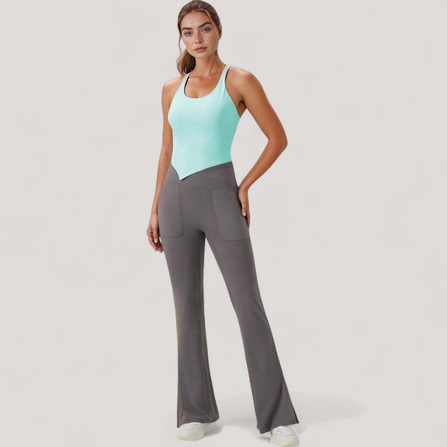Scoop Neck Racerback Tank Top with Handkerchief Hem and Built-In Shelf Bra for Low Impact Activity