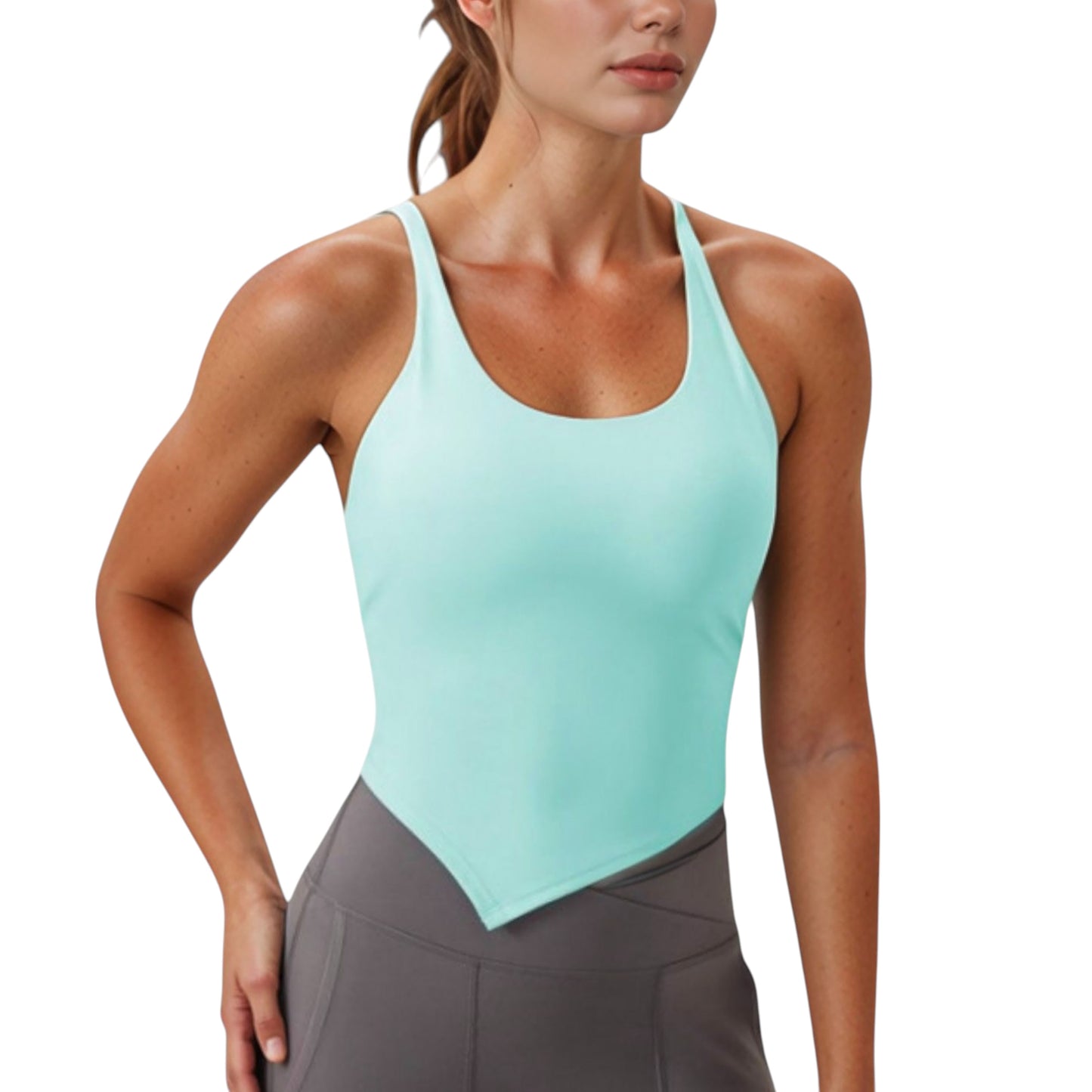 Scoop Neck Racerback Tank Top with Handkerchief Hem and Built-In Shelf Bra for Low Impact Activity