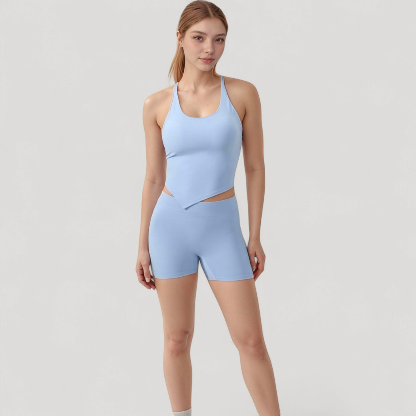 Scoop Neck Racerback Tank Top with Handkerchief Hem and Built-In Shelf Bra for Low Impact Activity