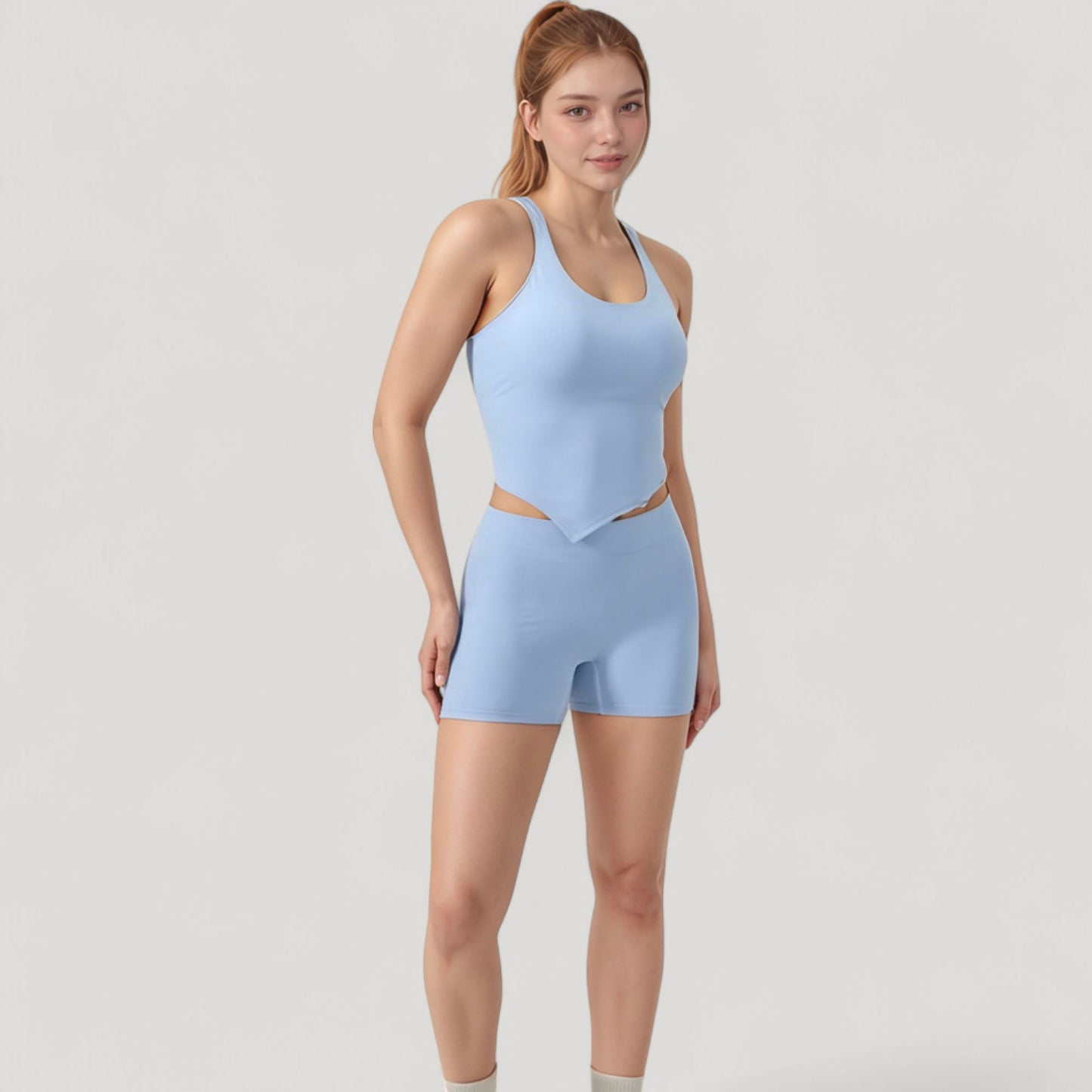 Scoop Neck Racerback Tank Top with Handkerchief Hem and Built-In Shelf Bra for Low Impact Activity