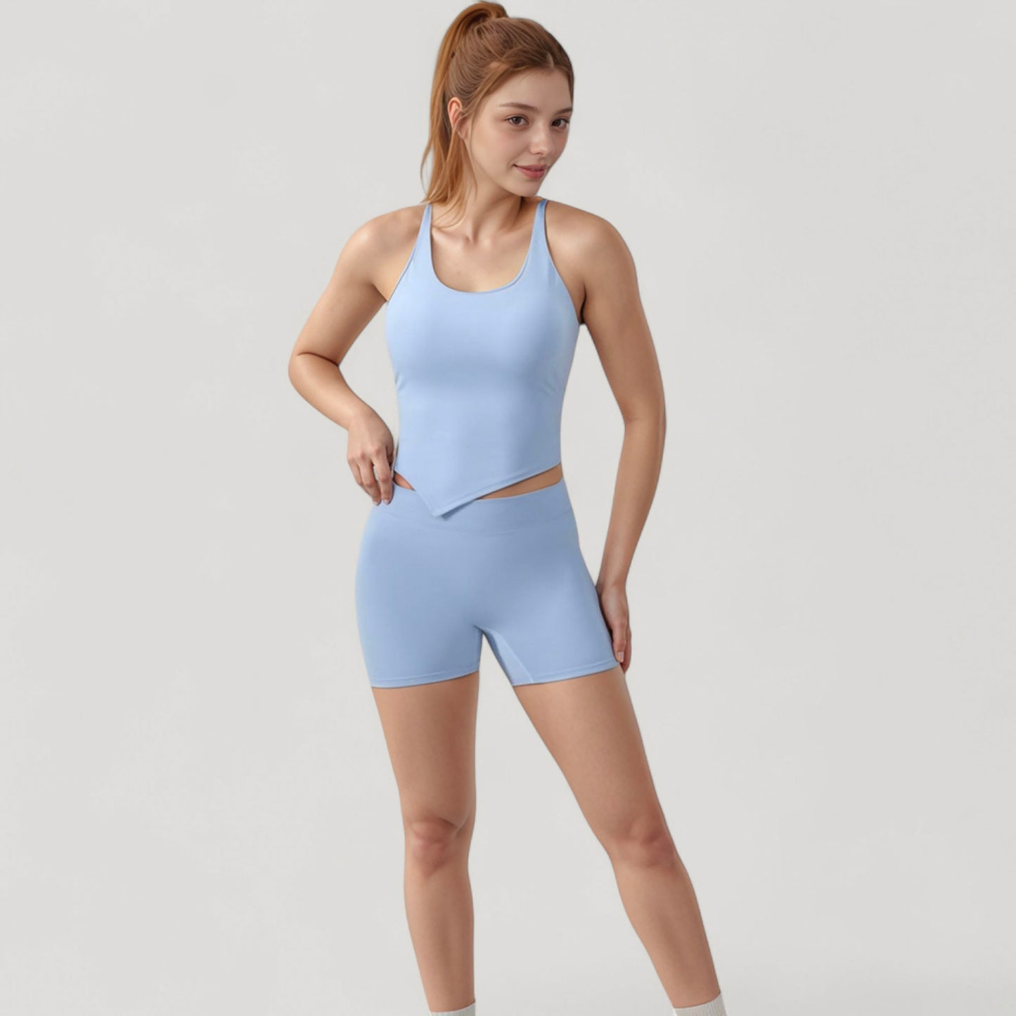 Scoop Neck Racerback Tank Top with Handkerchief Hem and Built-In Shelf Bra for Low Impact Activity