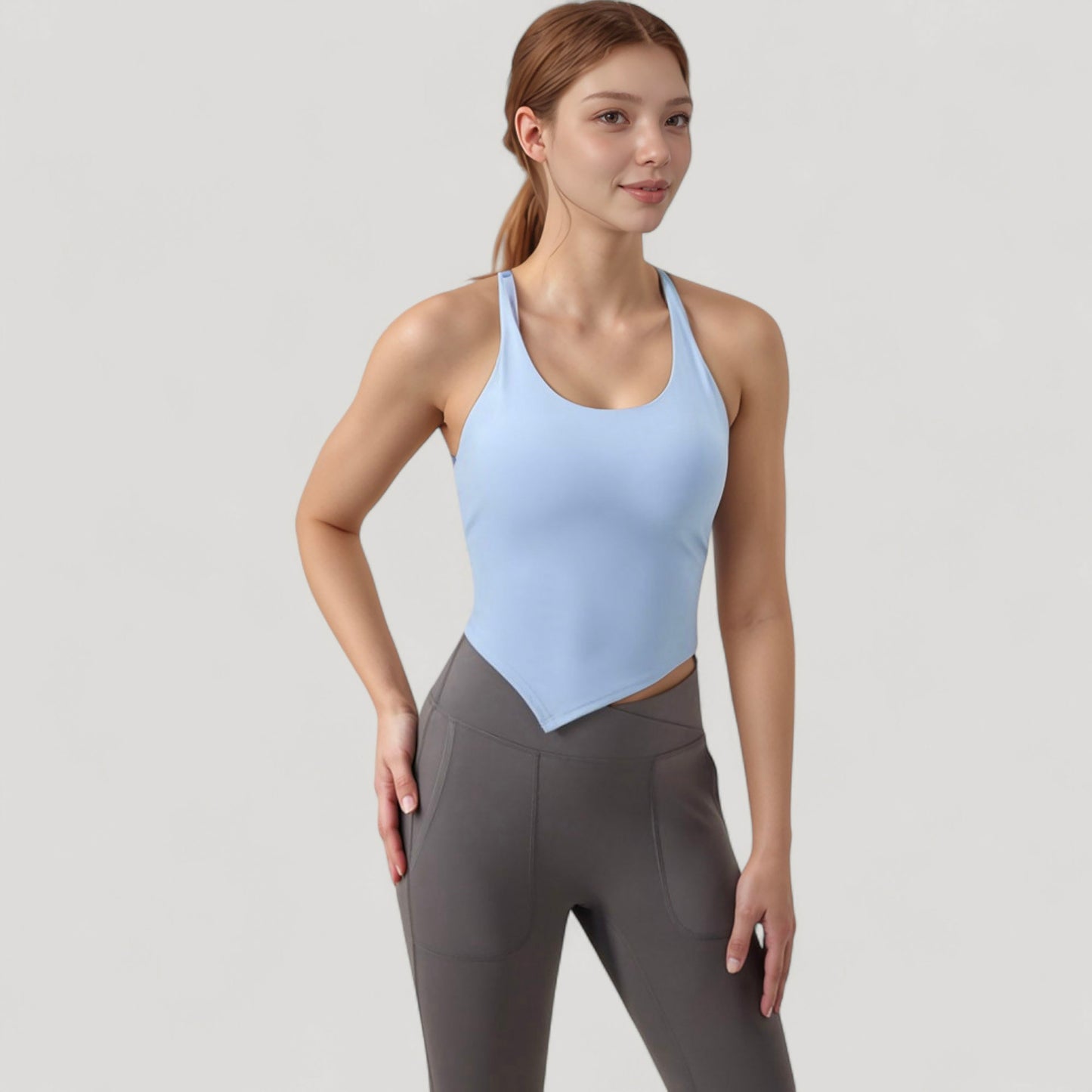 Scoop Neck Racerback Tank Top with Handkerchief Hem and Built-In Shelf Bra for Low Impact Activity