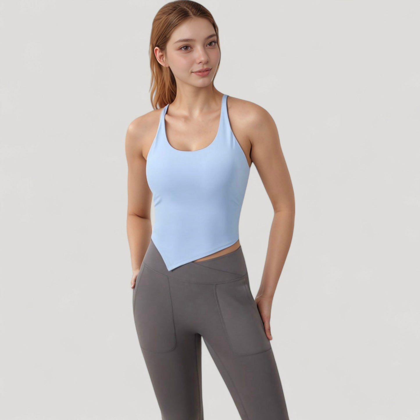 Scoop Neck Racerback Tank Top with Handkerchief Hem and Built-In Shelf Bra for Low Impact Activity