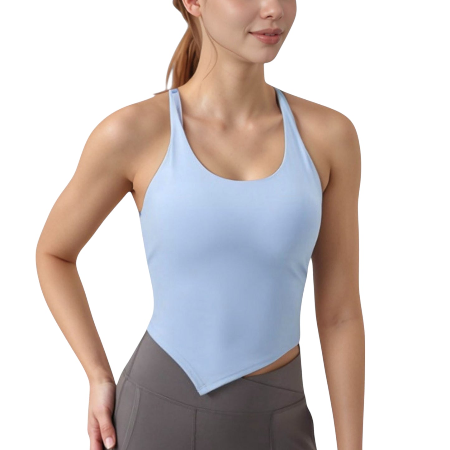 Scoop Neck Racerback Tank Top with Handkerchief Hem and Built-In Shelf Bra for Low Impact Activity