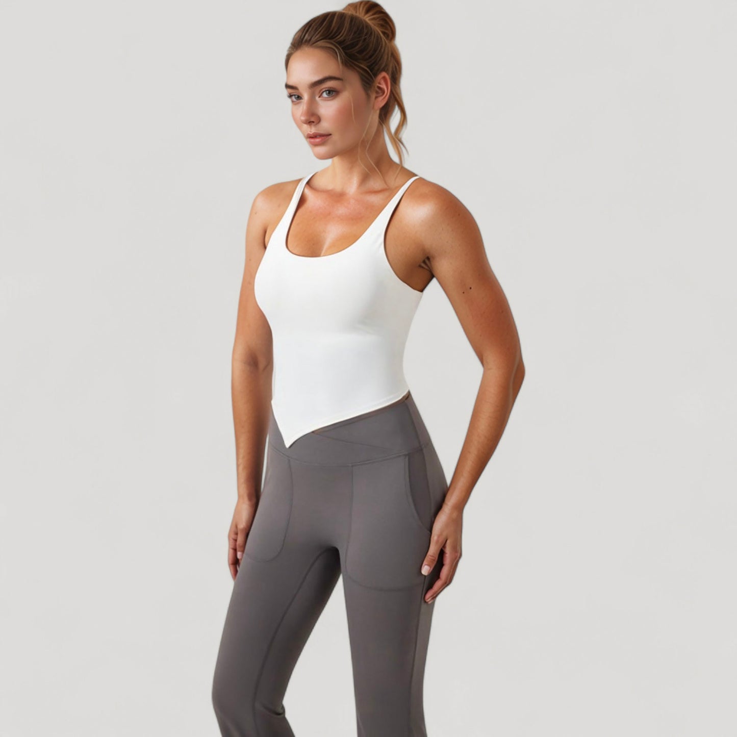 Scoop Neck Racerback Tank Top with Handkerchief Hem and Built-In Shelf Bra for Low Impact Activity